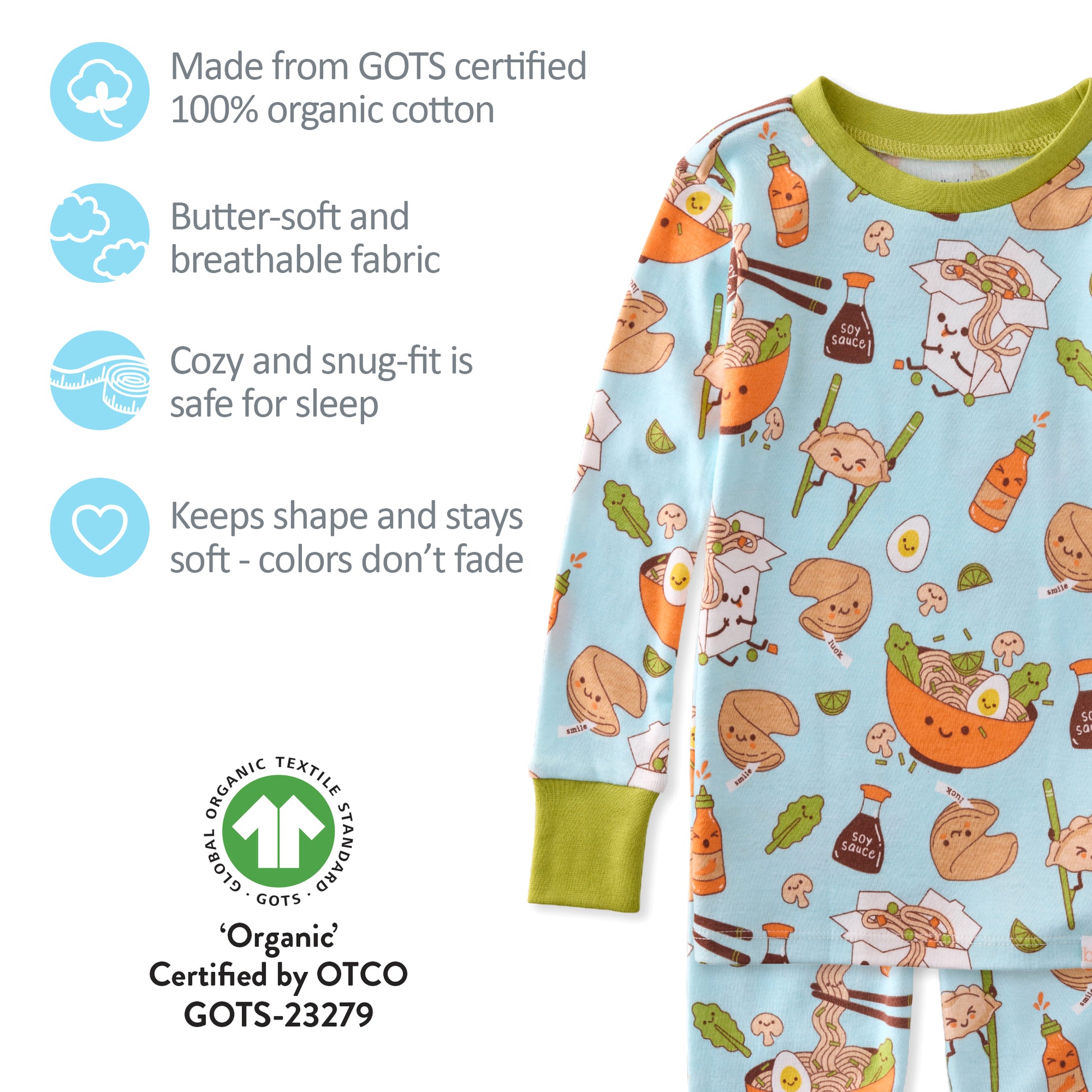 Children's pajama set with food-themed design on a light blue background, featuring organic cotton certification.