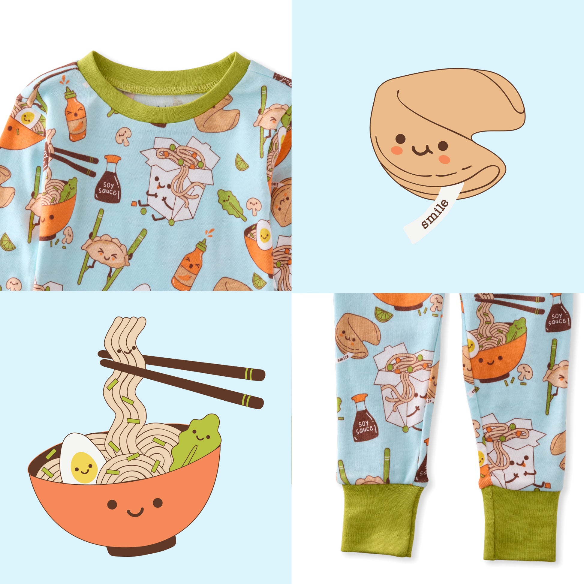 Children's pajama set with cartoon noodle bowl and character design on a light blue background.