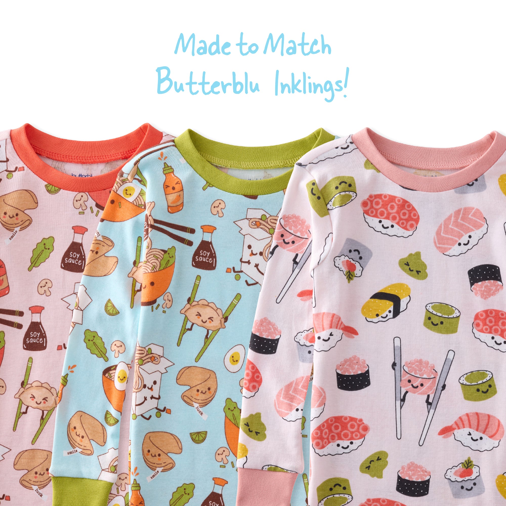 Three children's pajama sets with colorful patterns on a white background.