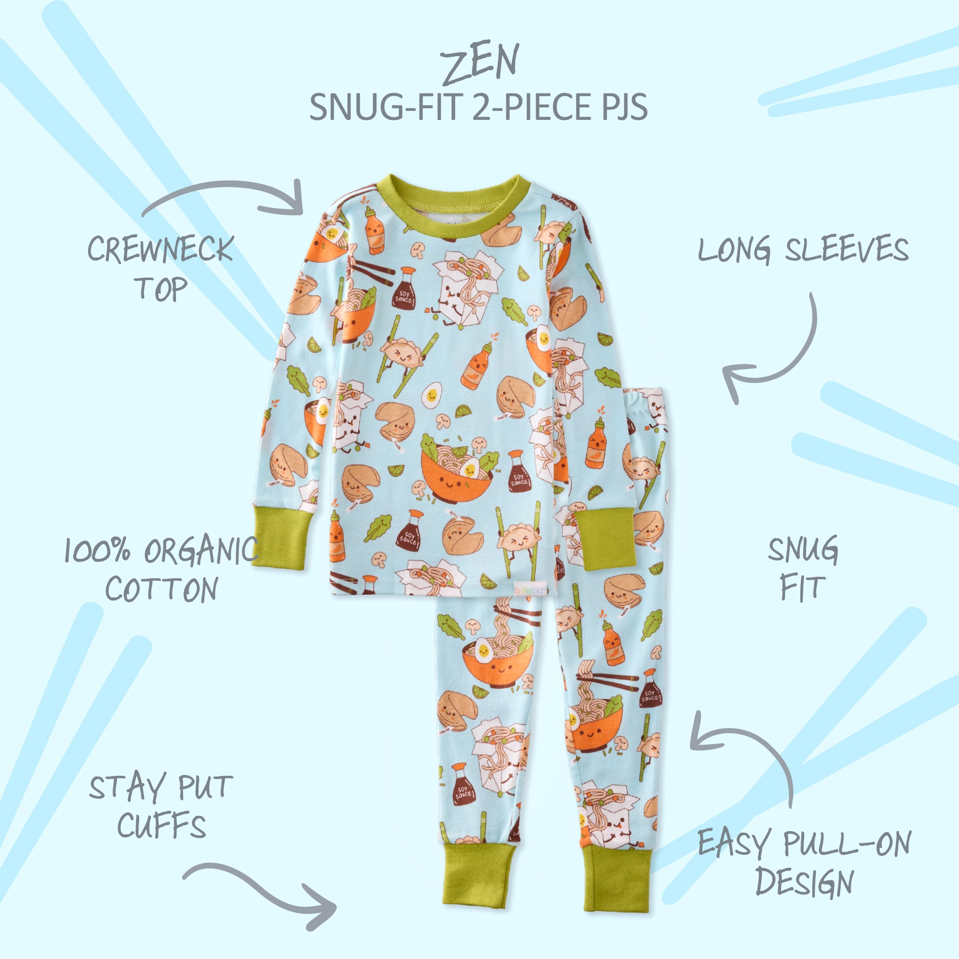 Children's pajama set with features highlighted on a light blue background