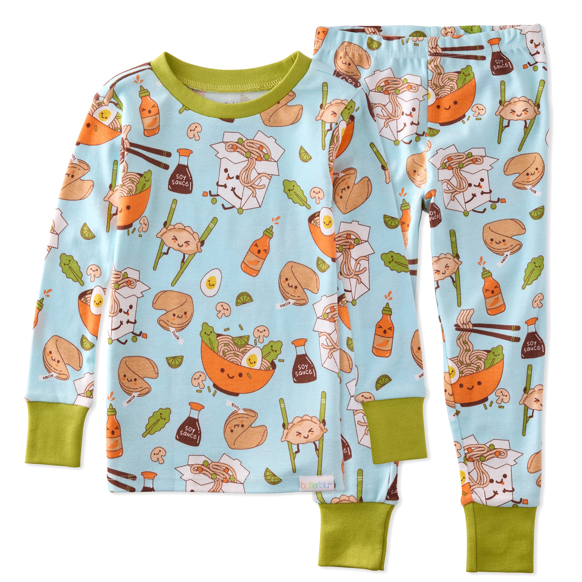 Children's pajama set with cartoon noodle and ramen pattern on a light blue background