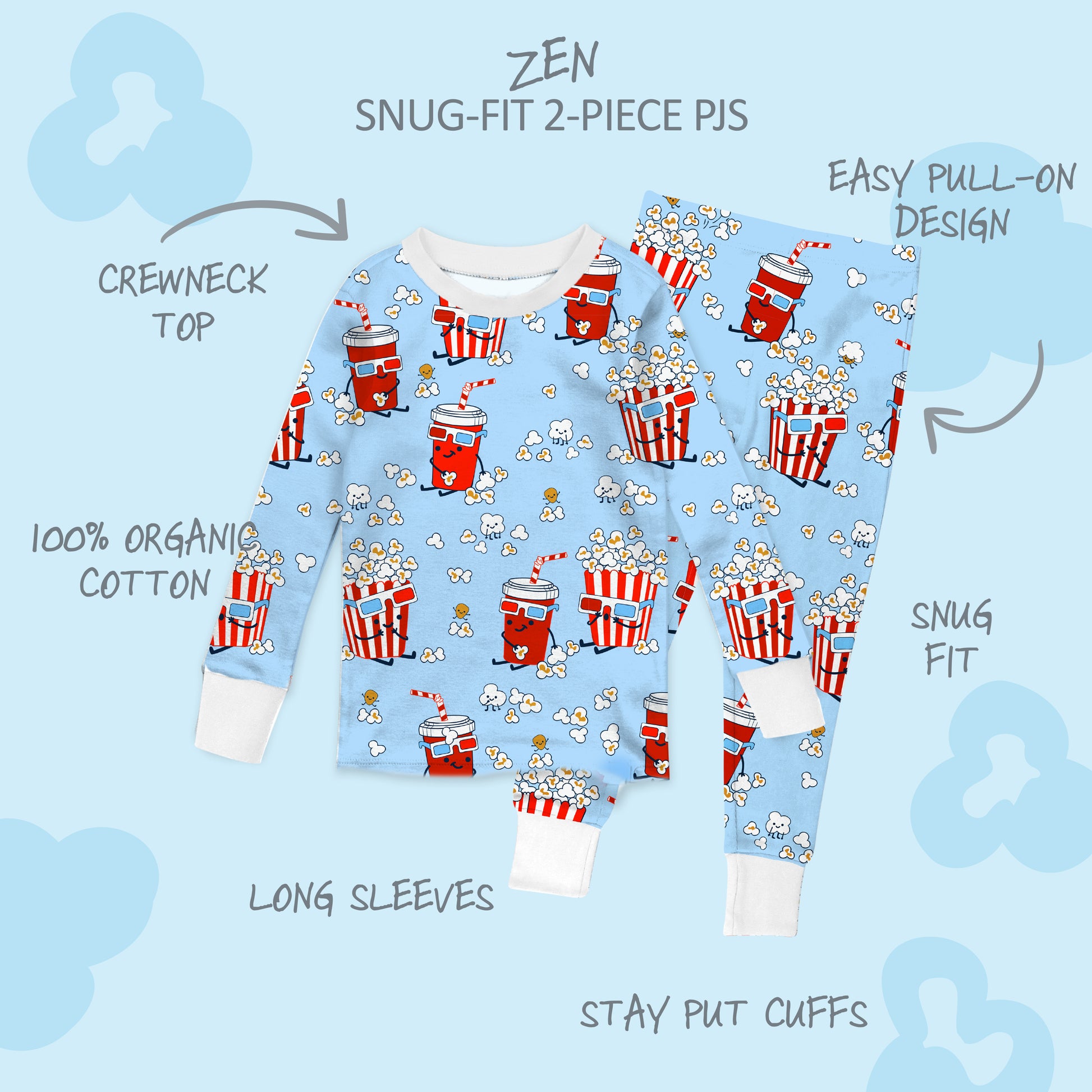 2-piece pajamas with product descriptions surrounding it and ZEN title at the top
