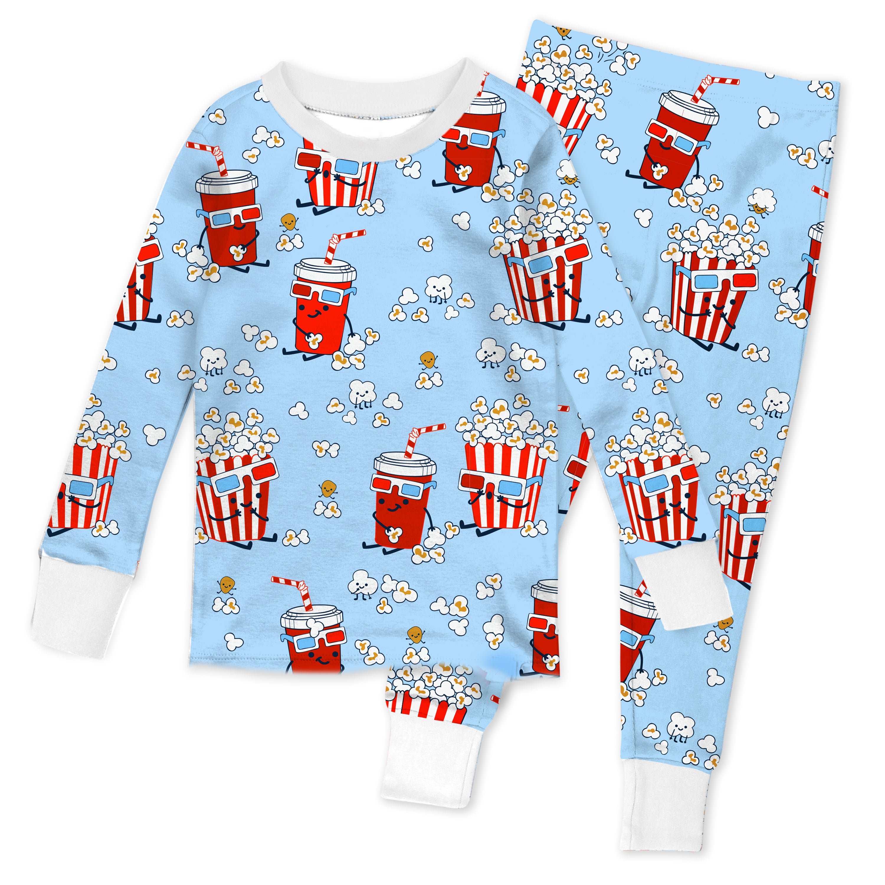 Blue baby and toddler 2-piece pajamas with popcorn and soda characters on a white background
