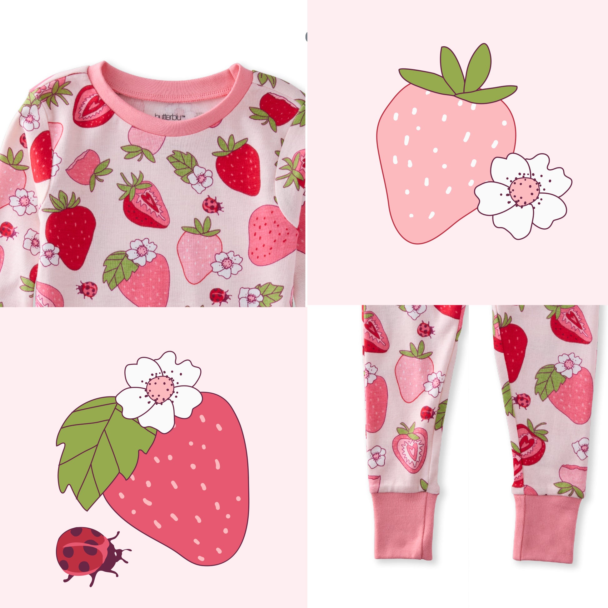 Children's pajama set with strawberry pattern on a white background
