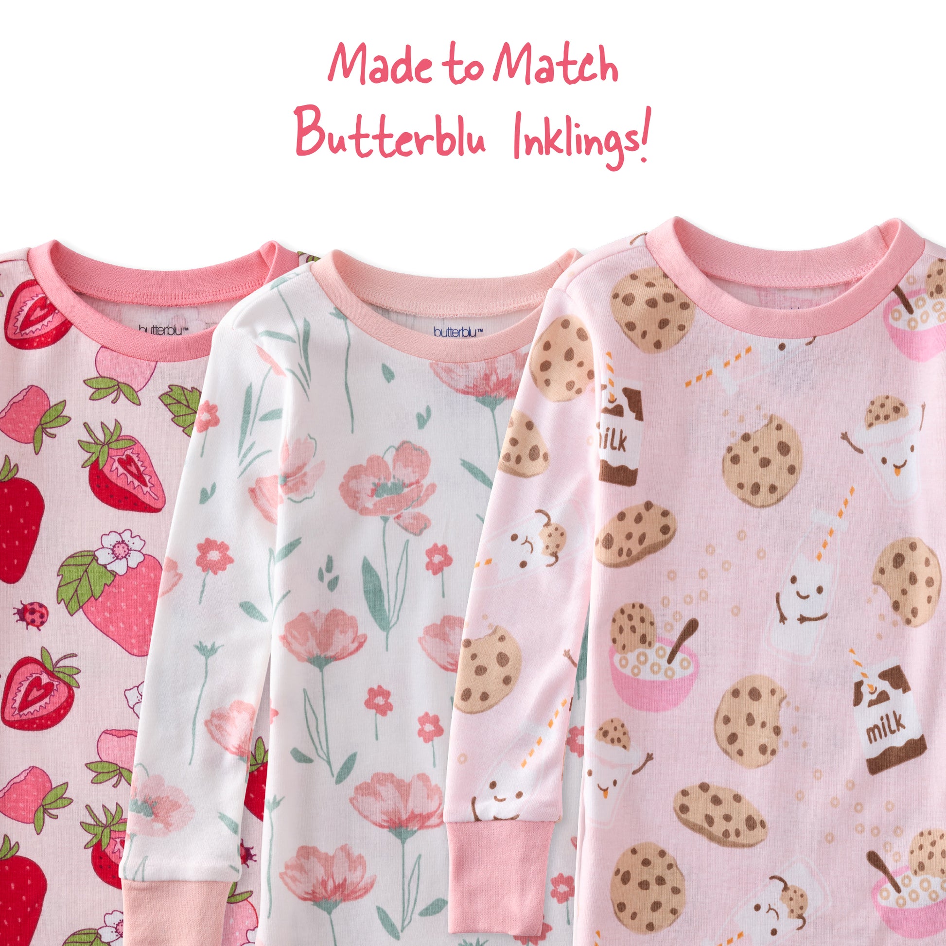 Three children's pajamas with different patterns on a white background, labeled 'Made to Match Butterblu Inklings'.