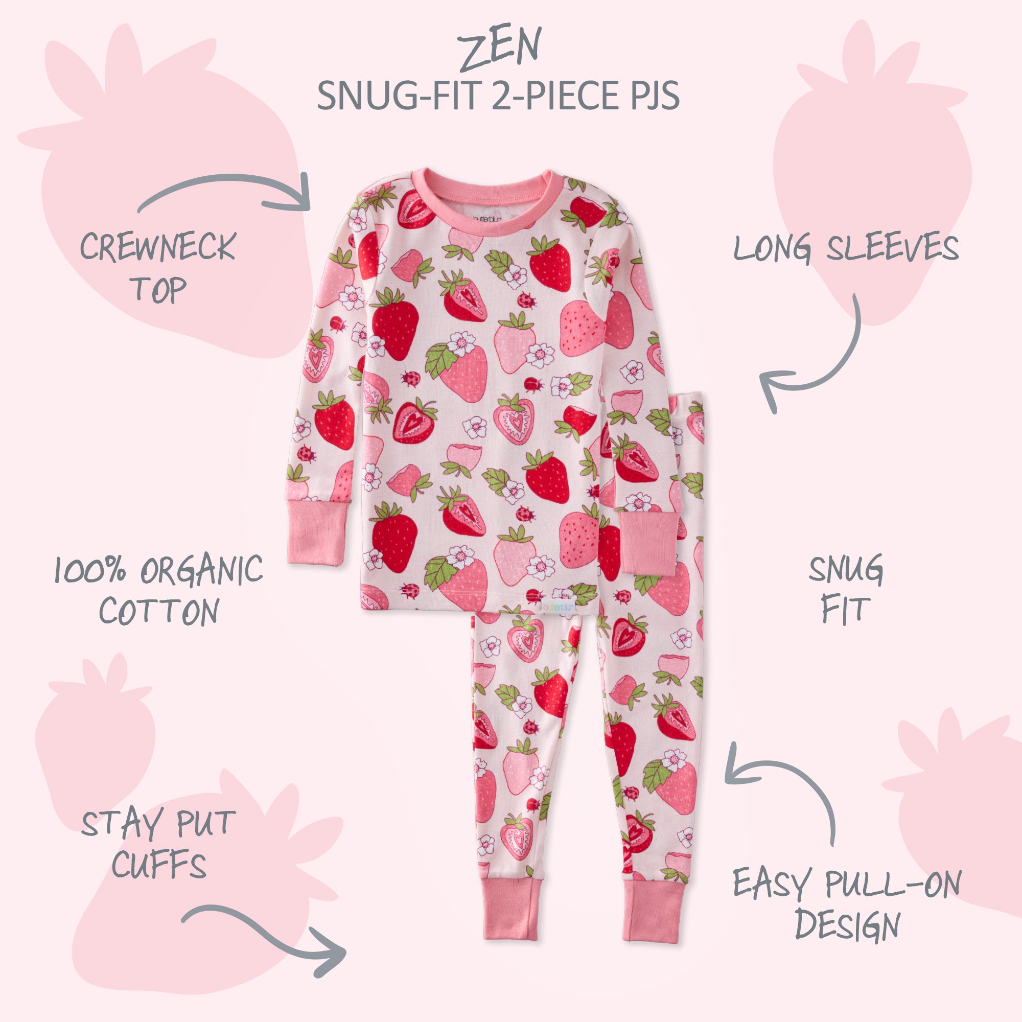 2-piece pajama set with strawberry pattern on a white background