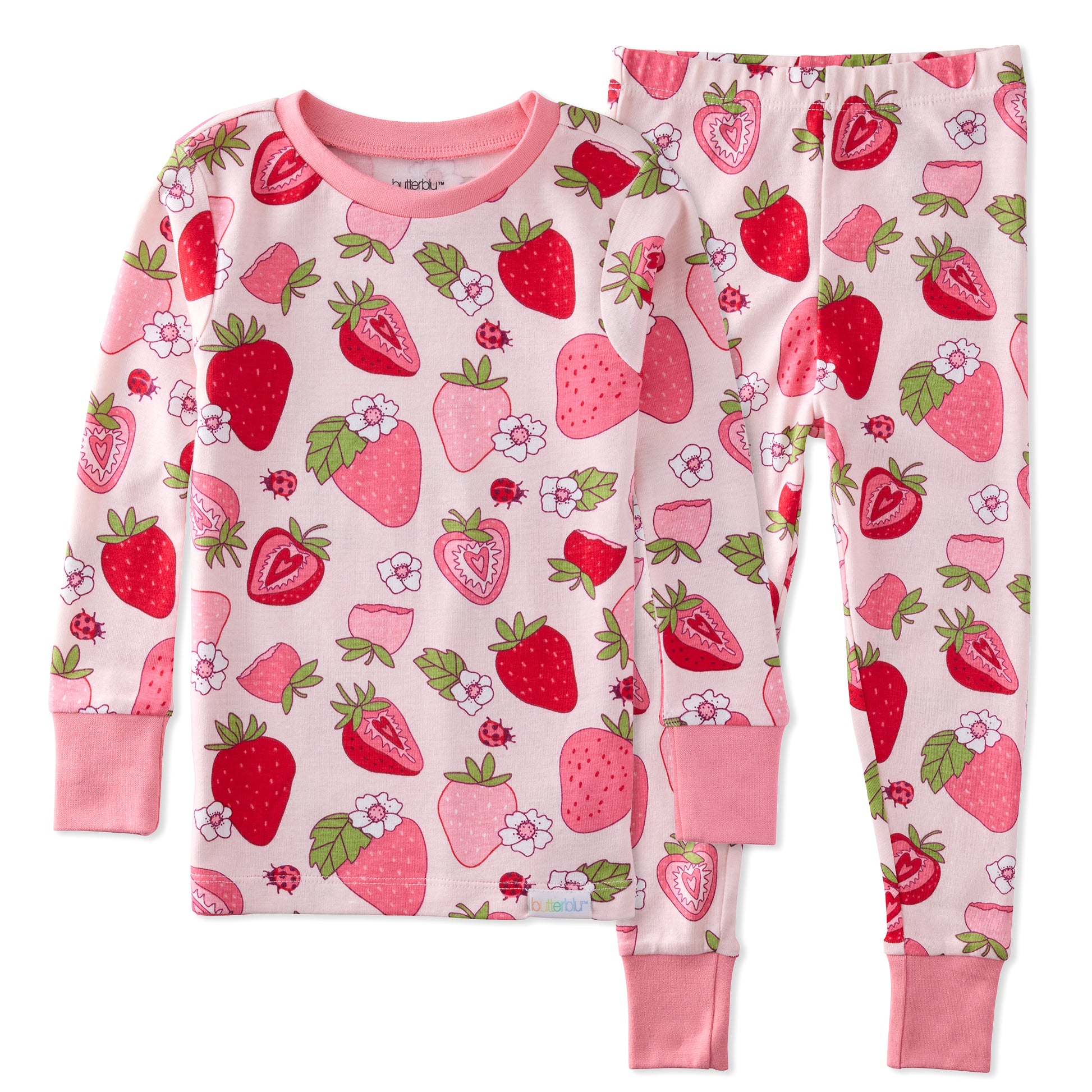 Children's pajama set with strawberry pattern on a white background