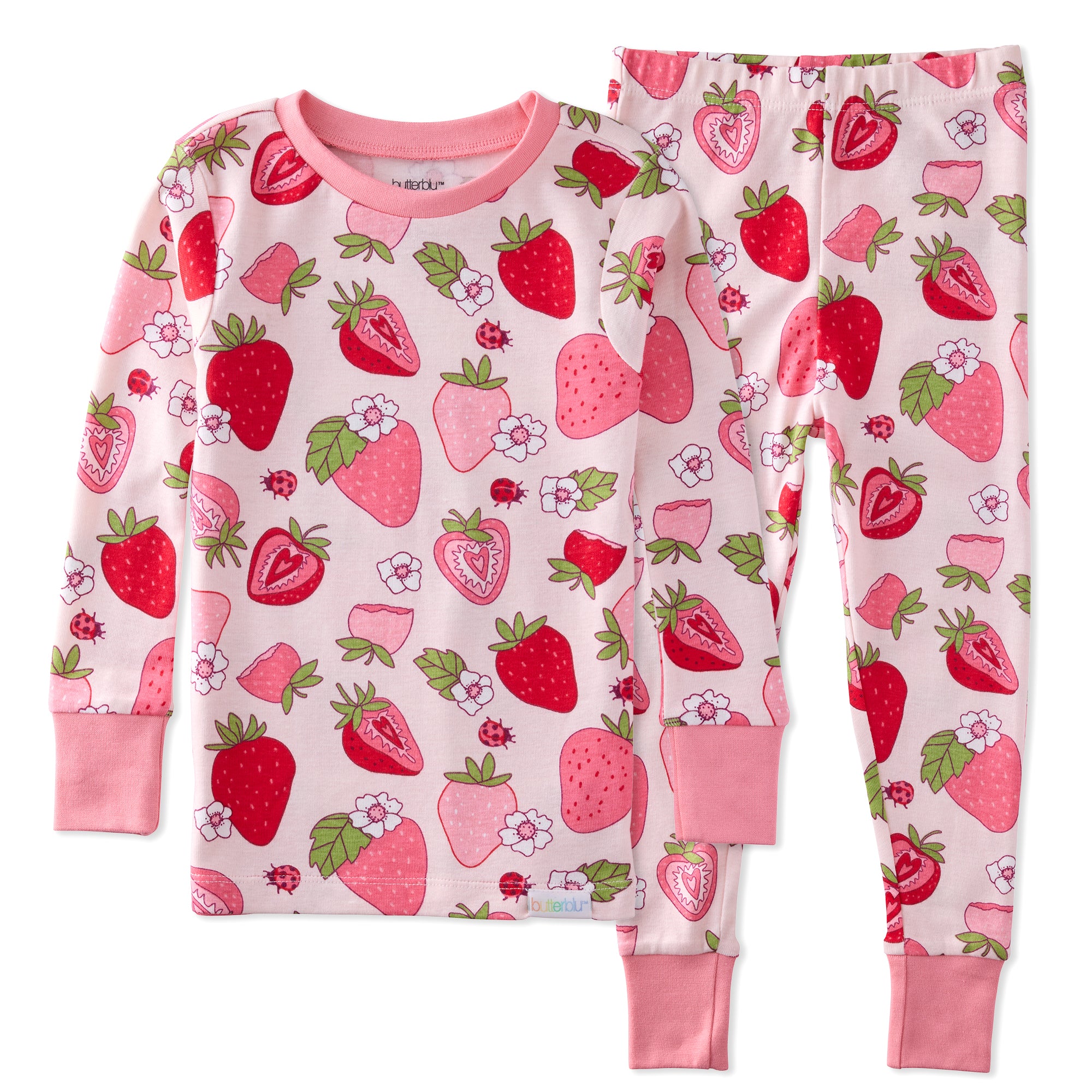 Children's pajama set with strawberry pattern on a white background