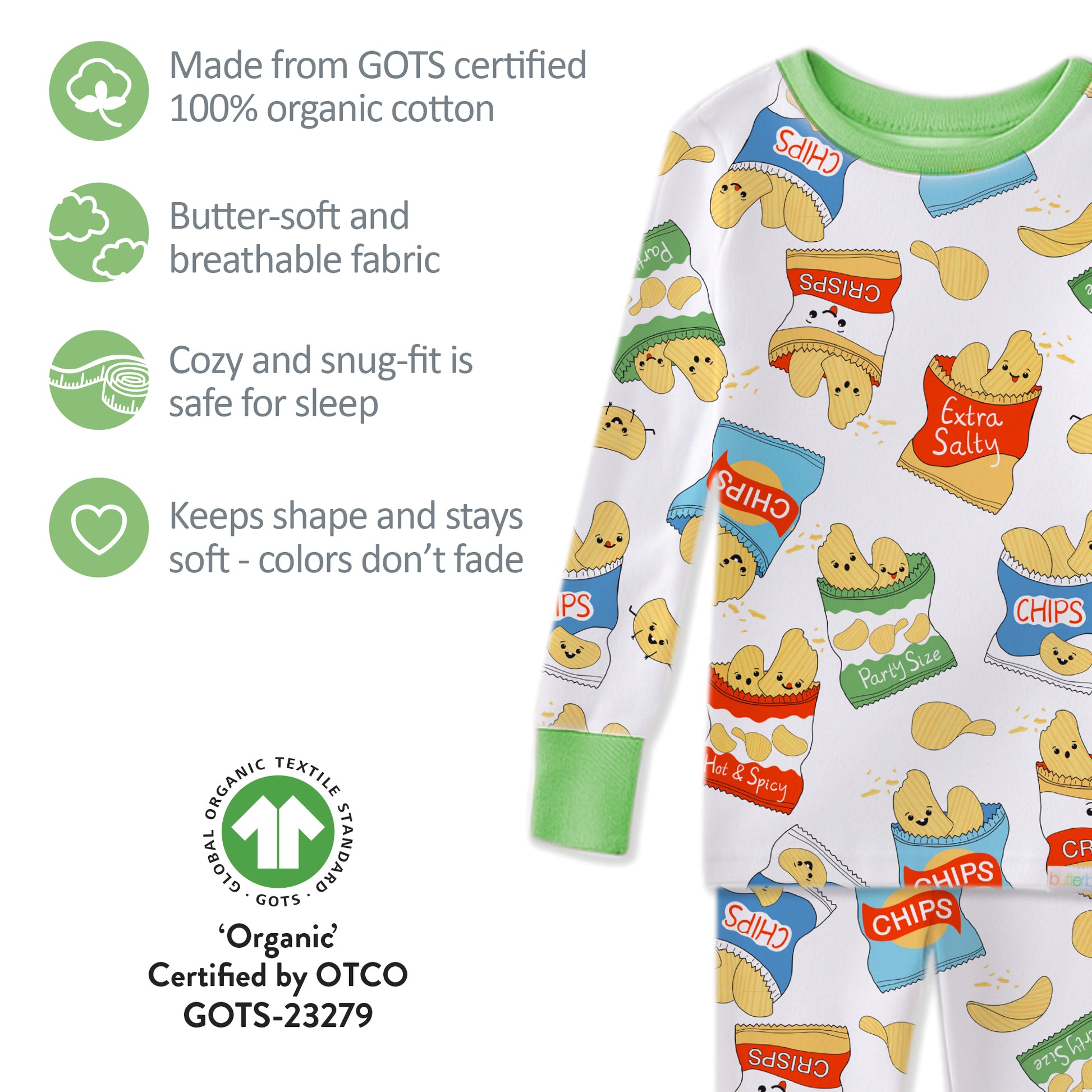 Children's pajama set with potato chip design and organic cotton certification details.