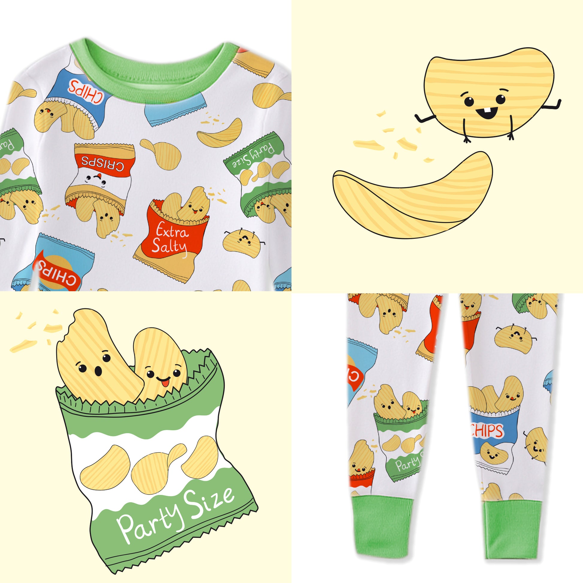 Children's pajama set with potato chip design on a light yellow background
