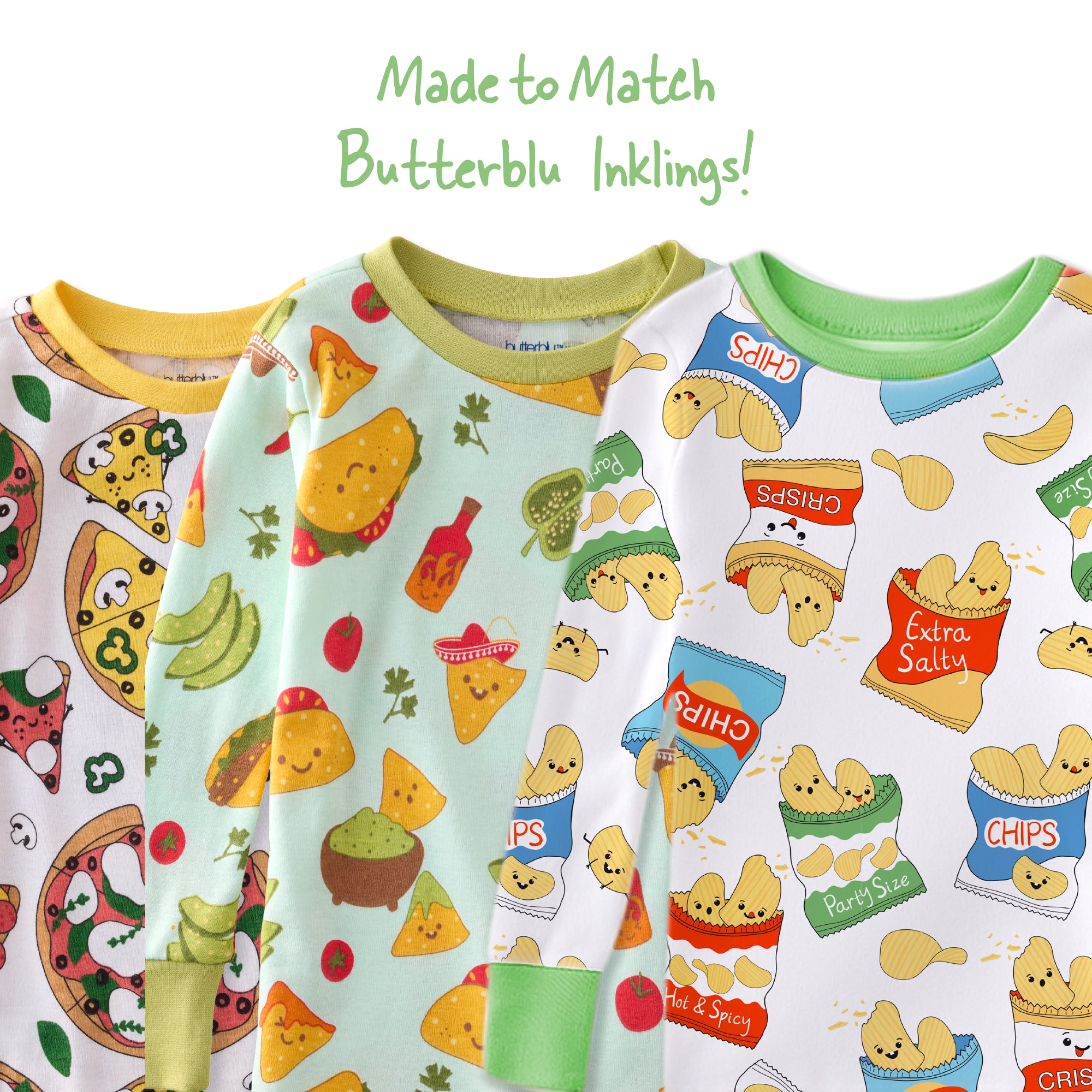 Children's pajamas with food-themed patterns on a white background