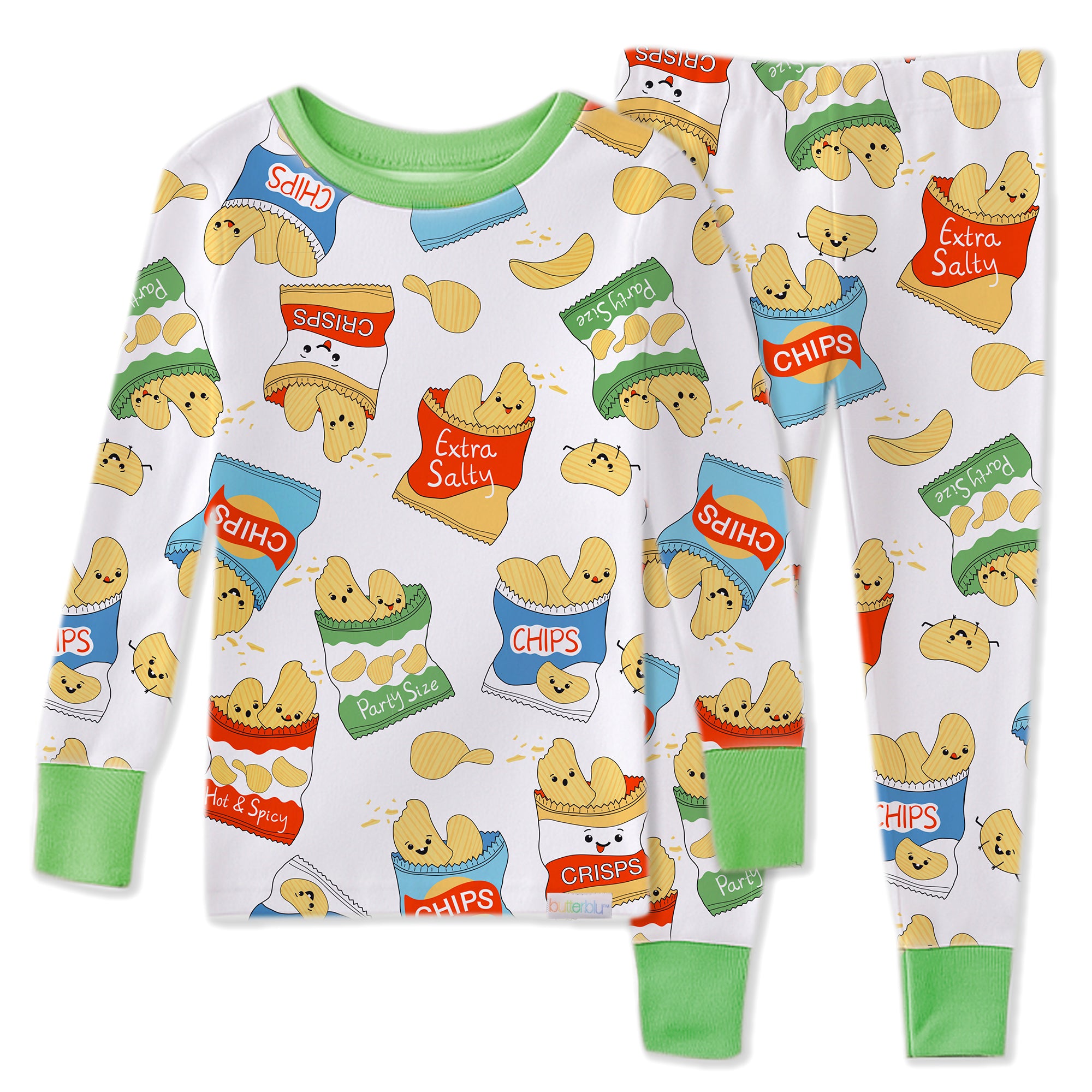 Children's pajama set with potato chip design on a white background