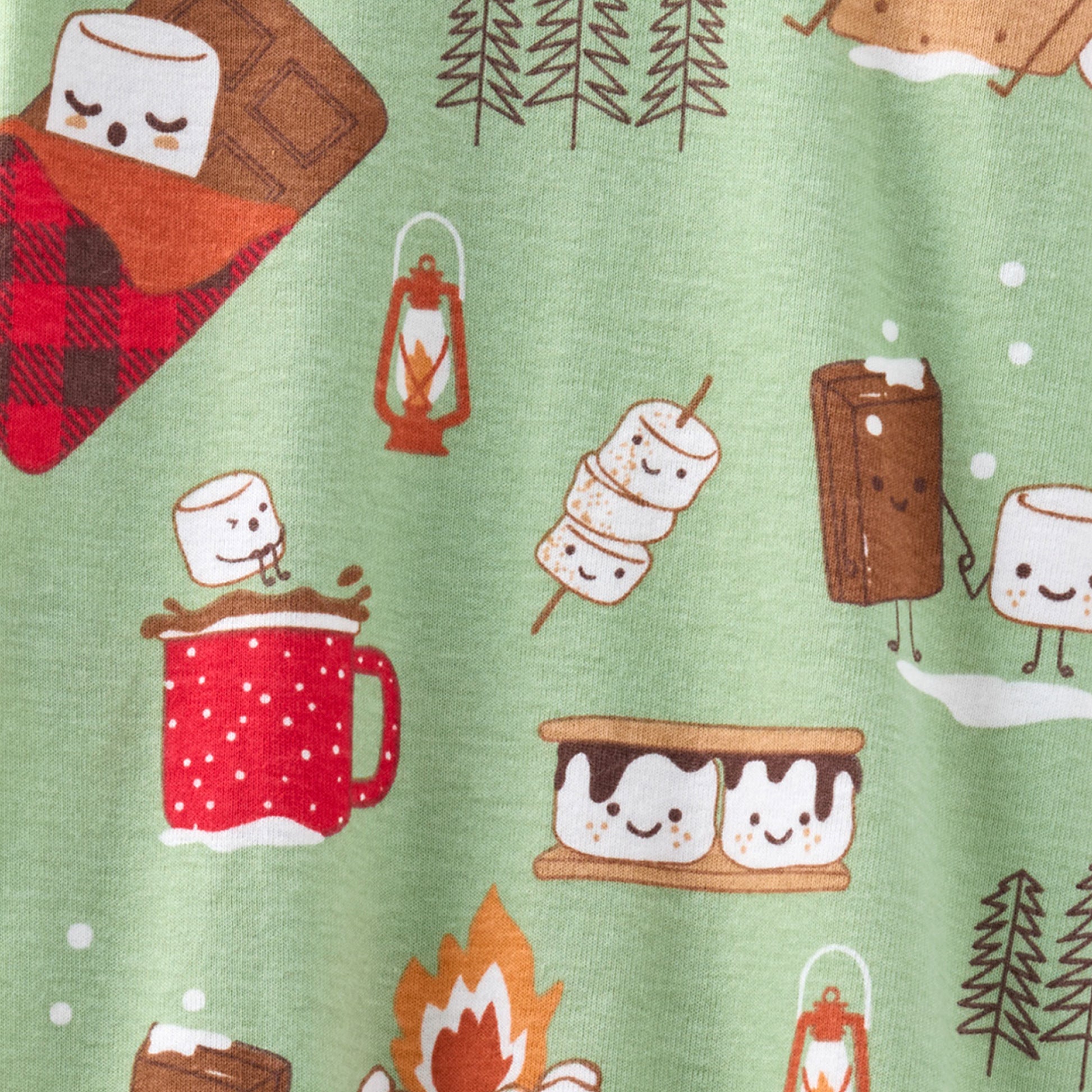 Illustrated pattern of camping-themed items on a green background