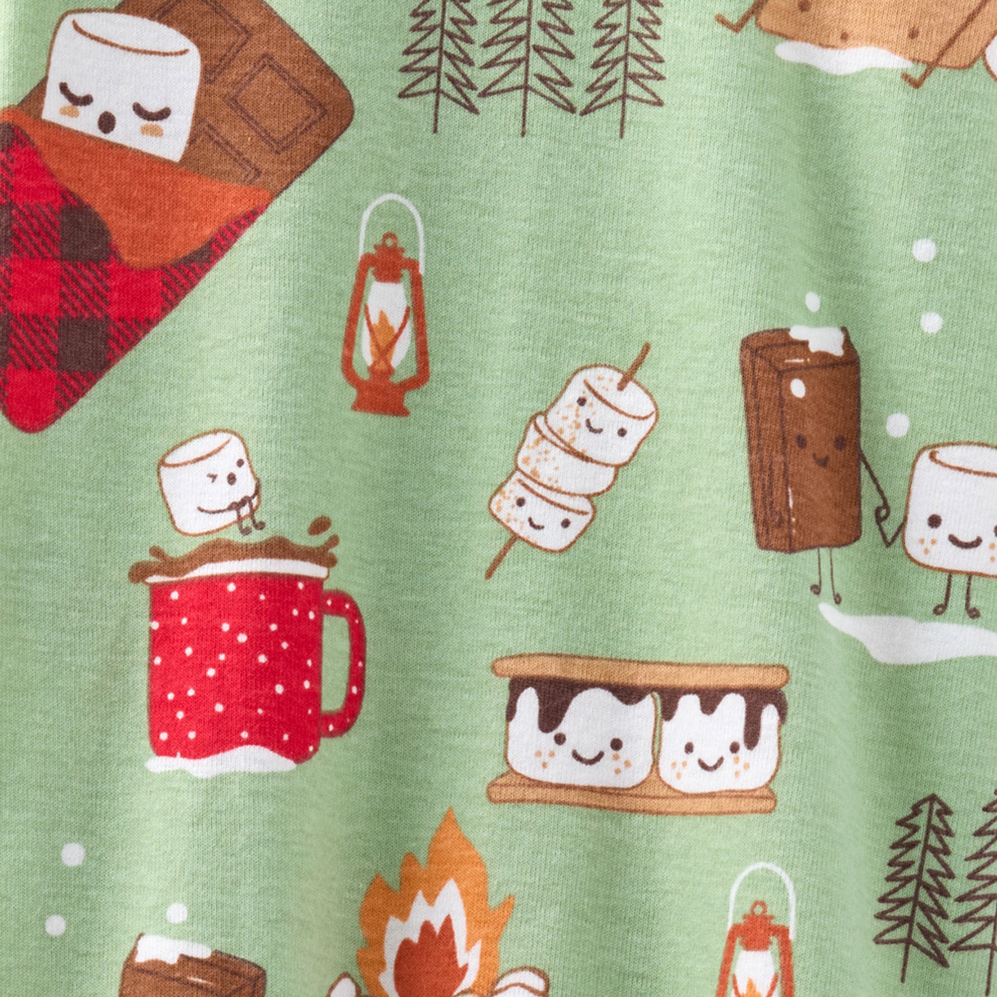 Illustrated pattern of camping-themed items on a green background
