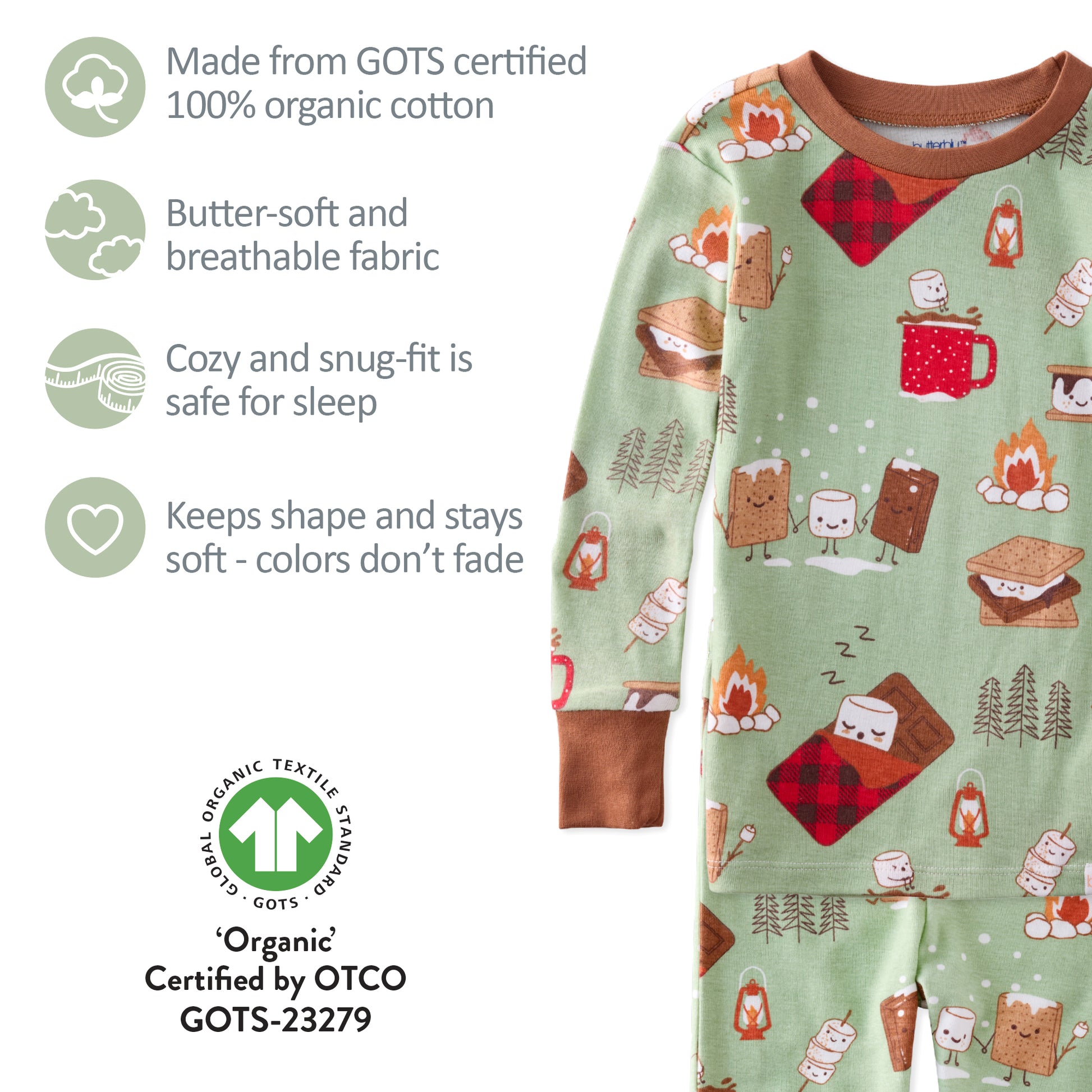 Children's pajama with camping pattern and organic cotton certification details.