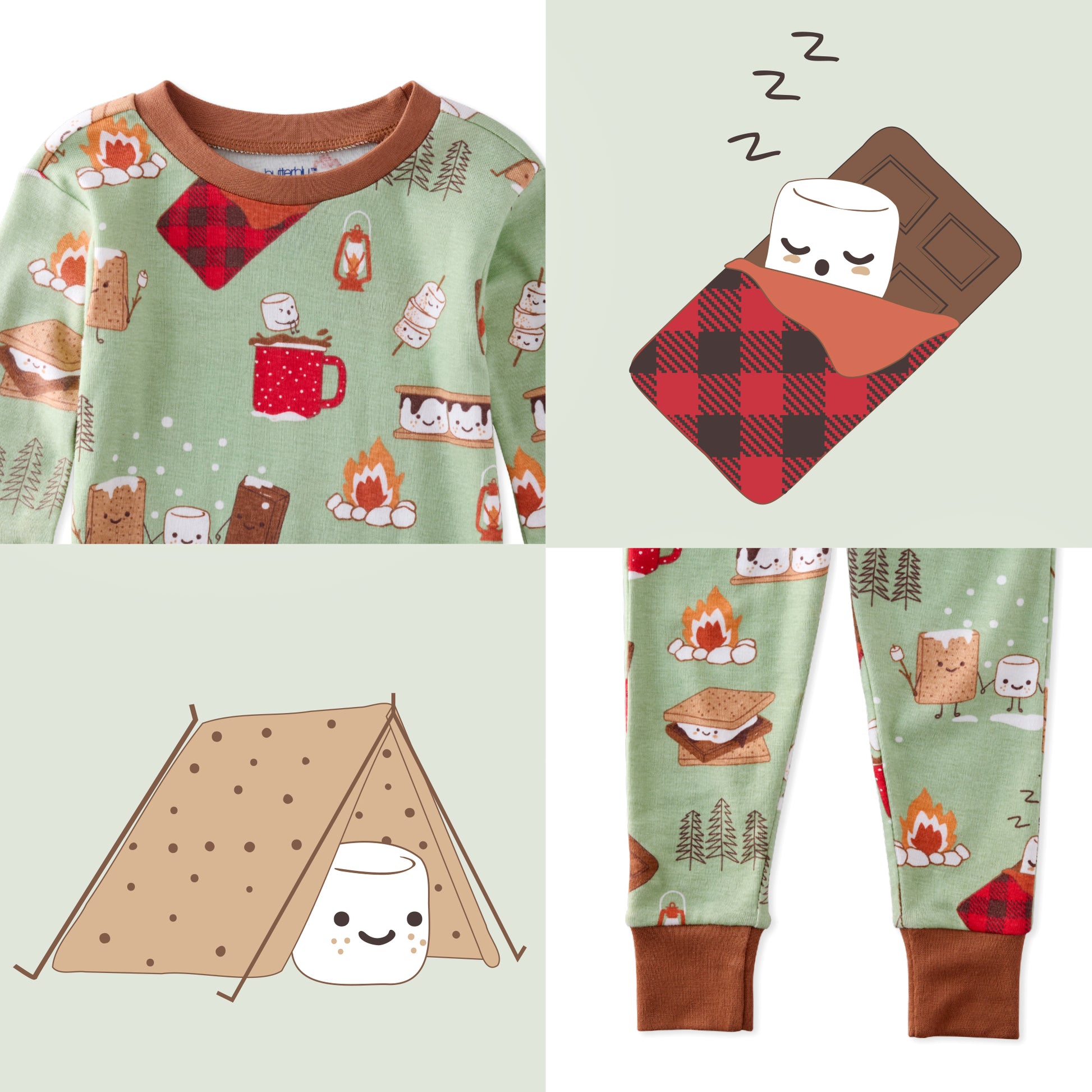 Children's pajama set with camping-themed design on a light green background