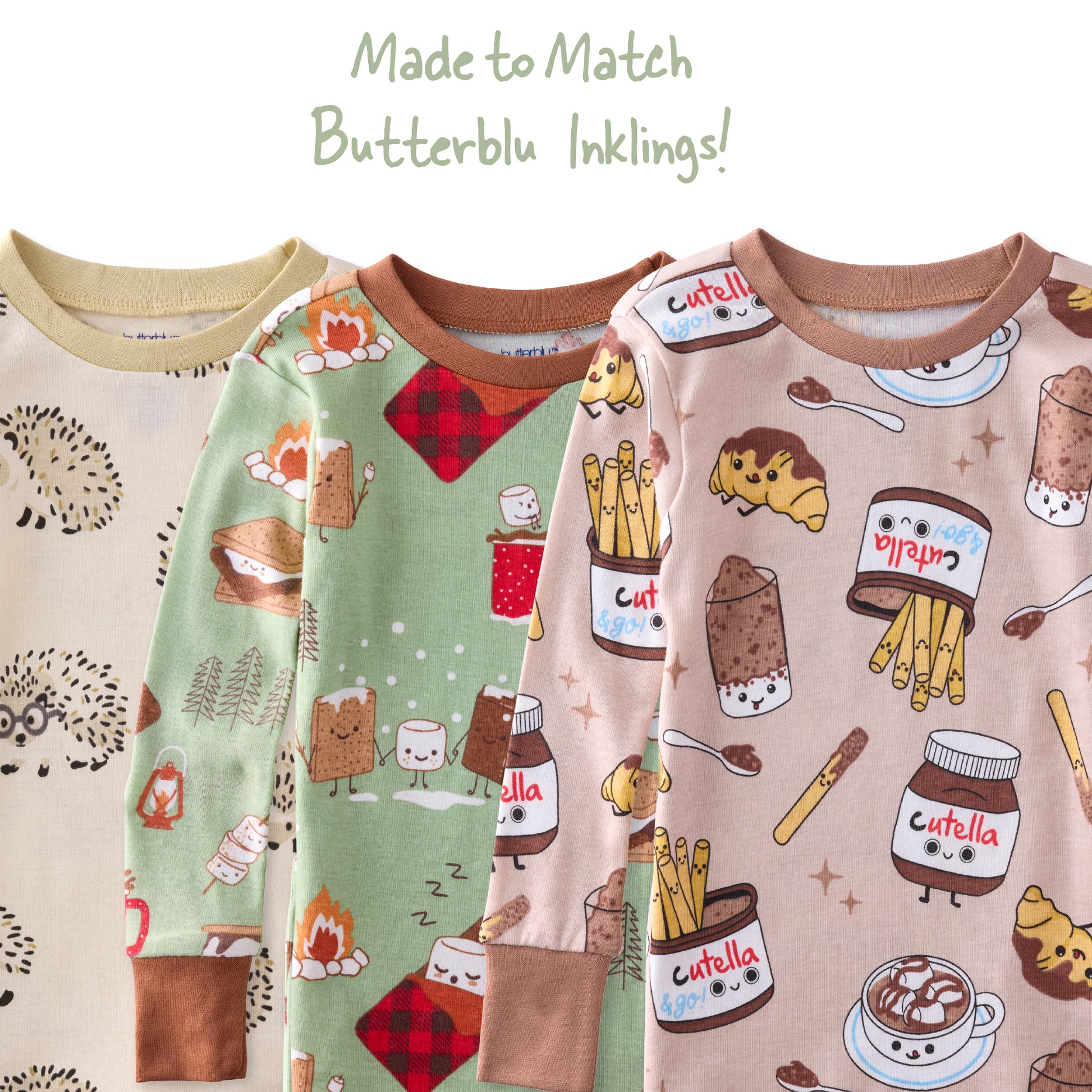 Four children's pajama sets with various patterns on a white background.