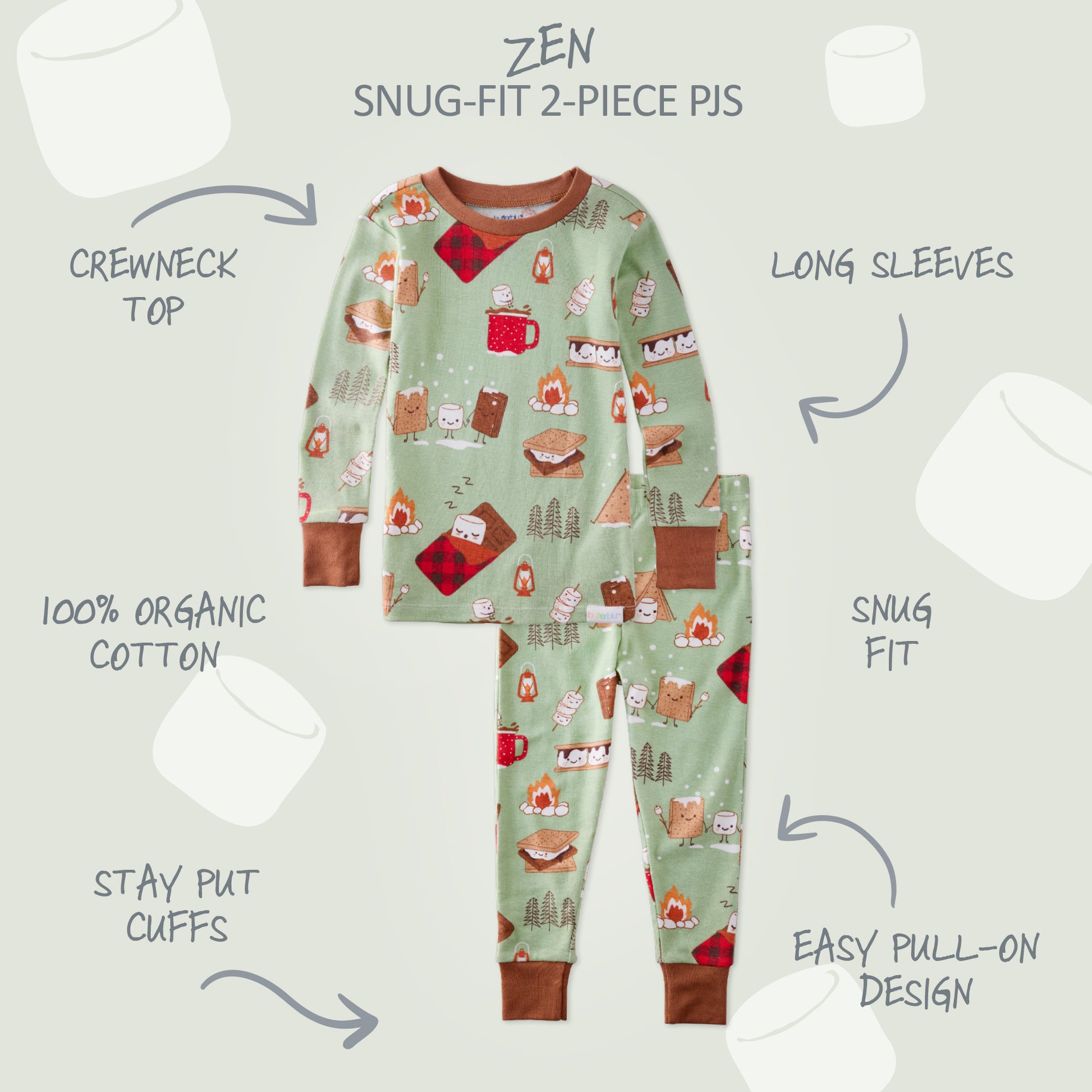 Children's pajama set with camping design on a light gray background
