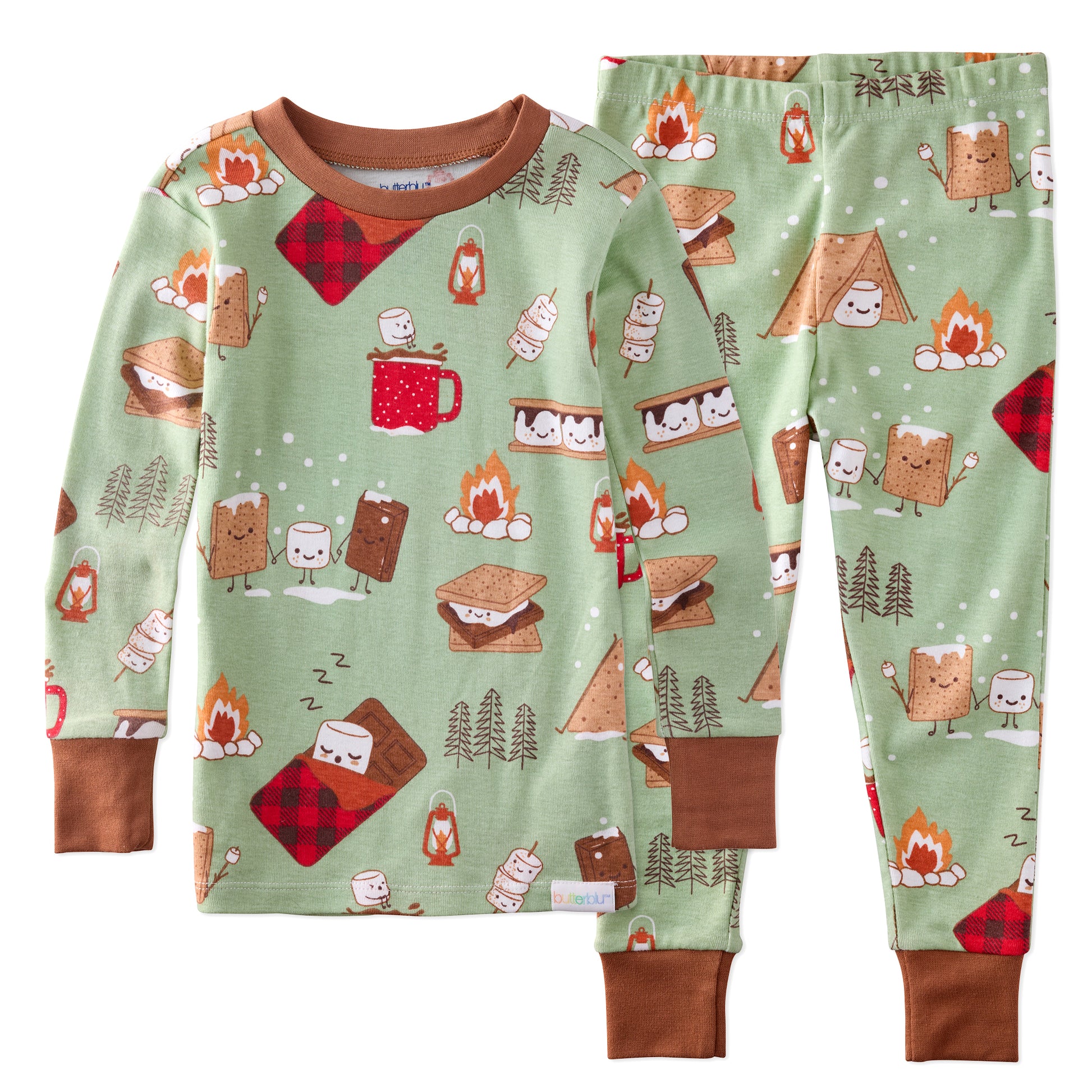 Children's pajama set with camping and smores theme on a white background