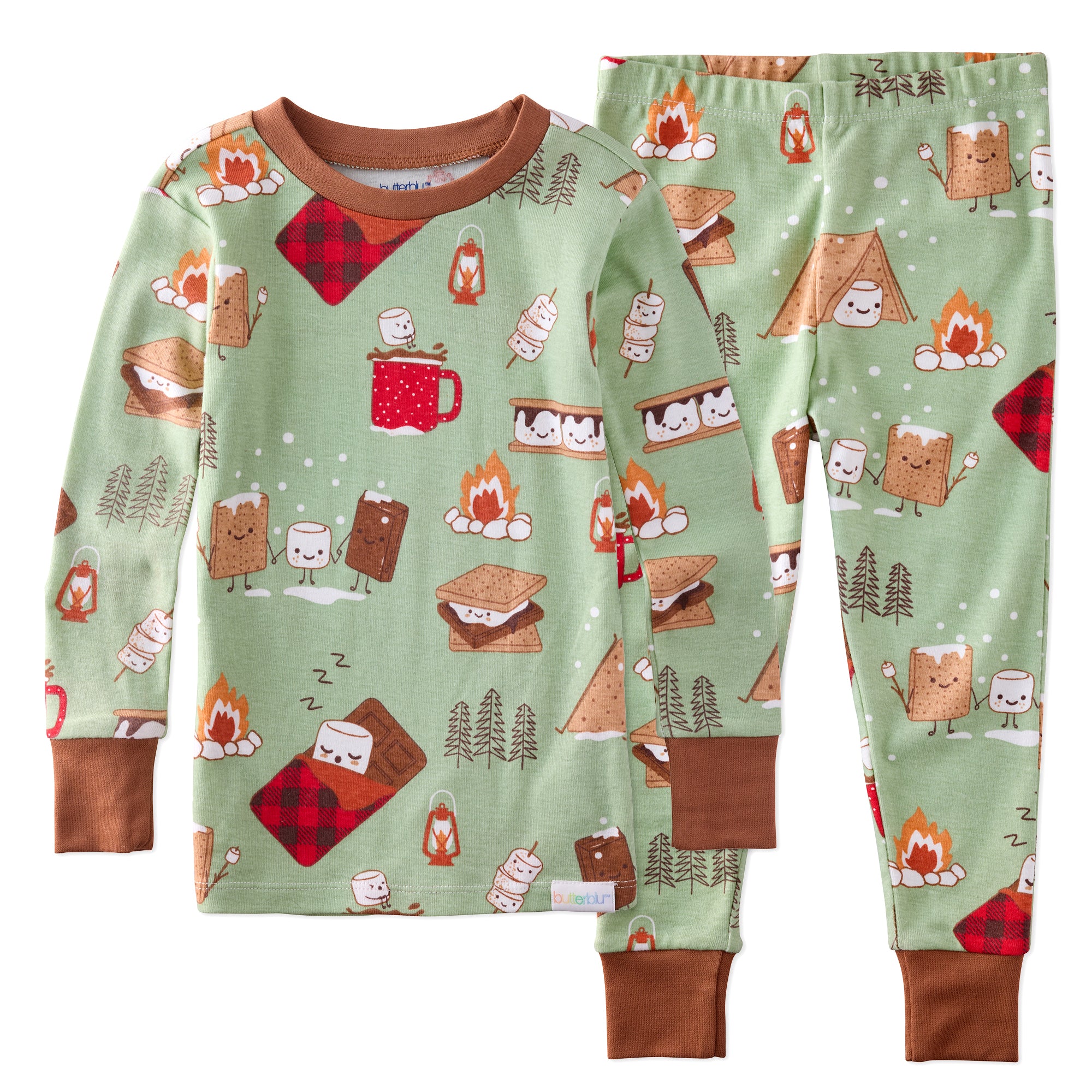 Children's pajama set with camping and smores theme on a white background