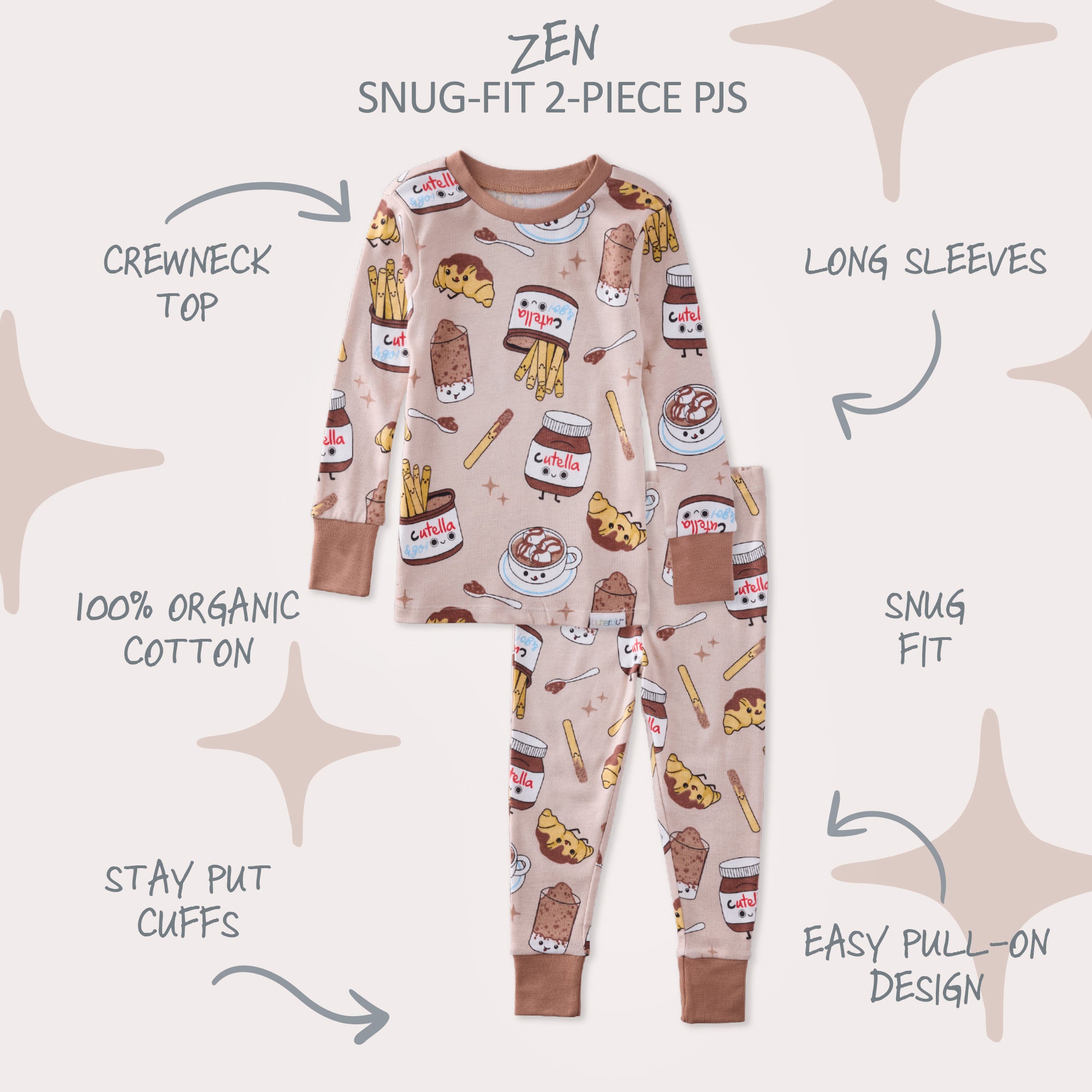 Children's pajama set with food-themed design on a beige background