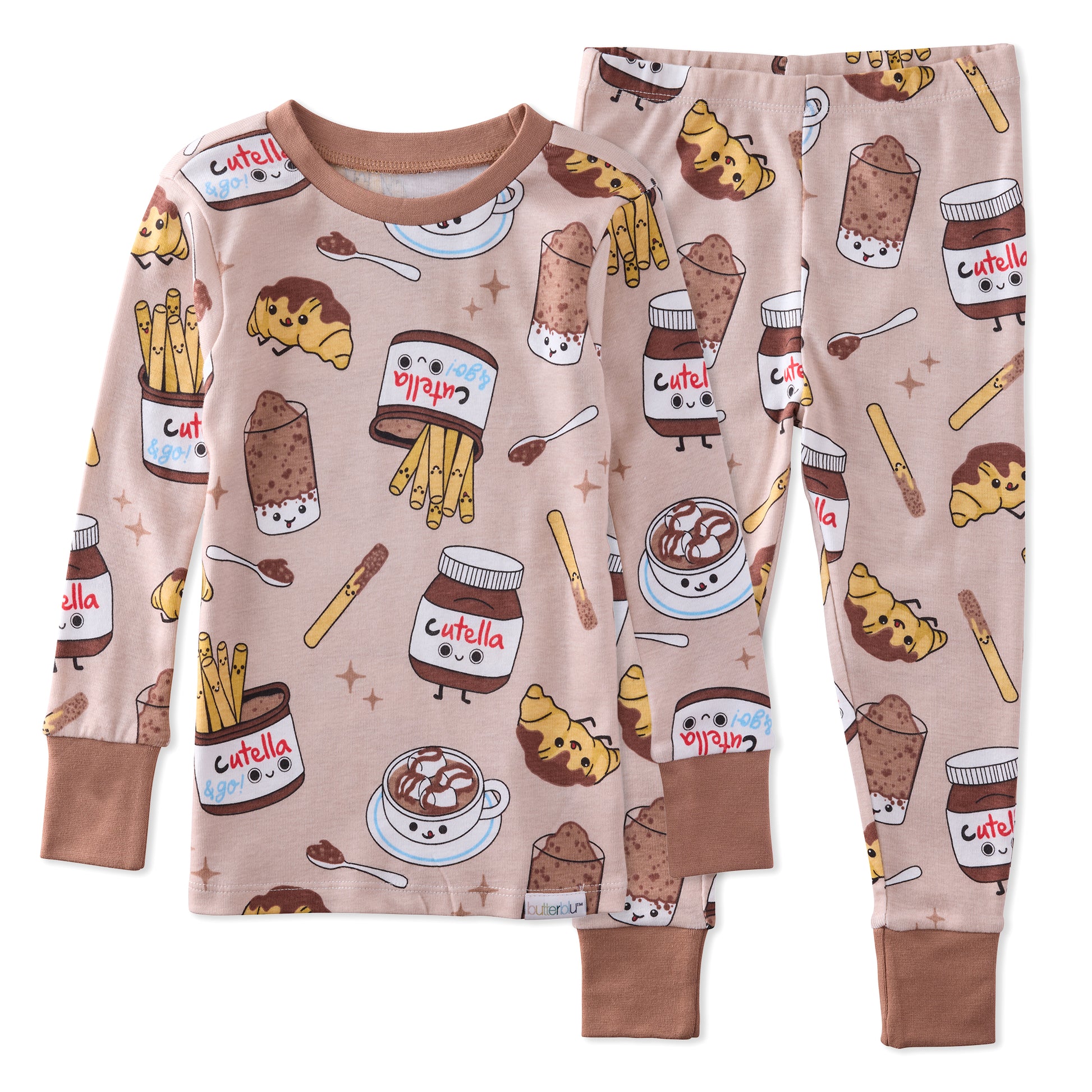 Children's pajama set with Cutella jar and food pattern on a beige background