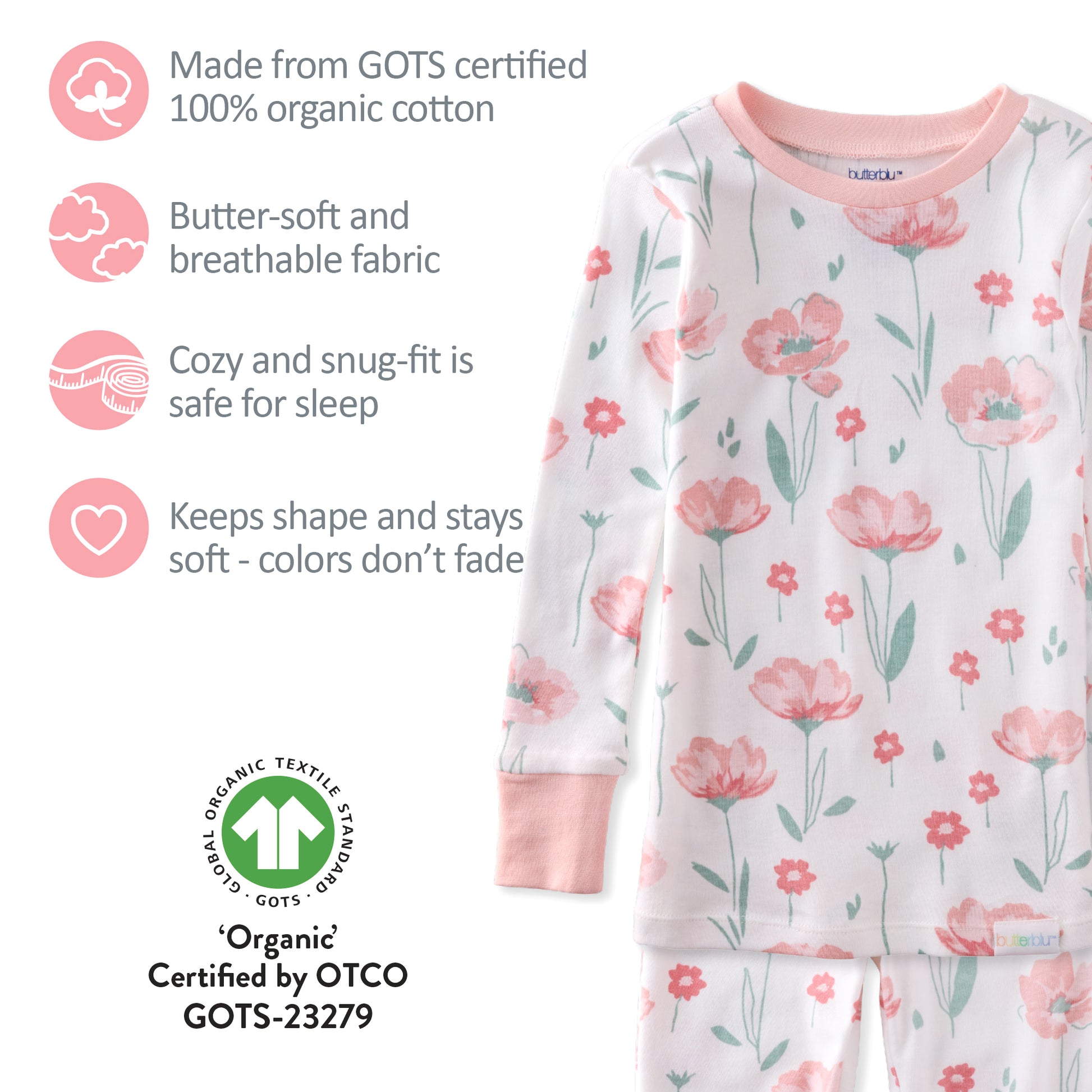 Floral pajama set with certification details on a white background