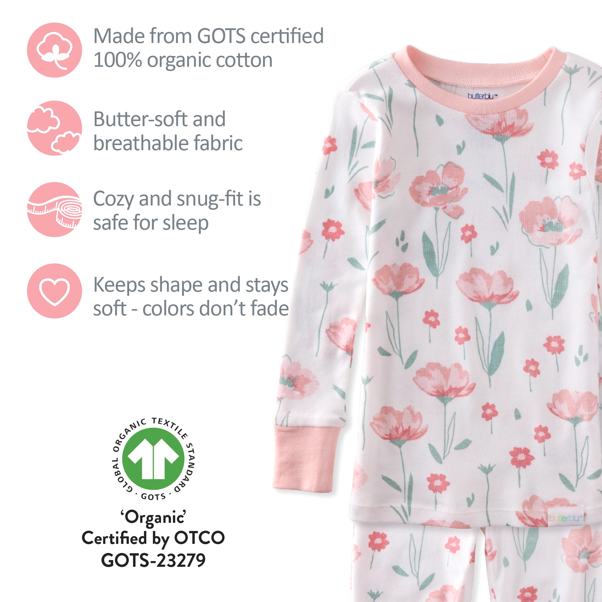 Floral pajama set with certification details on a white background