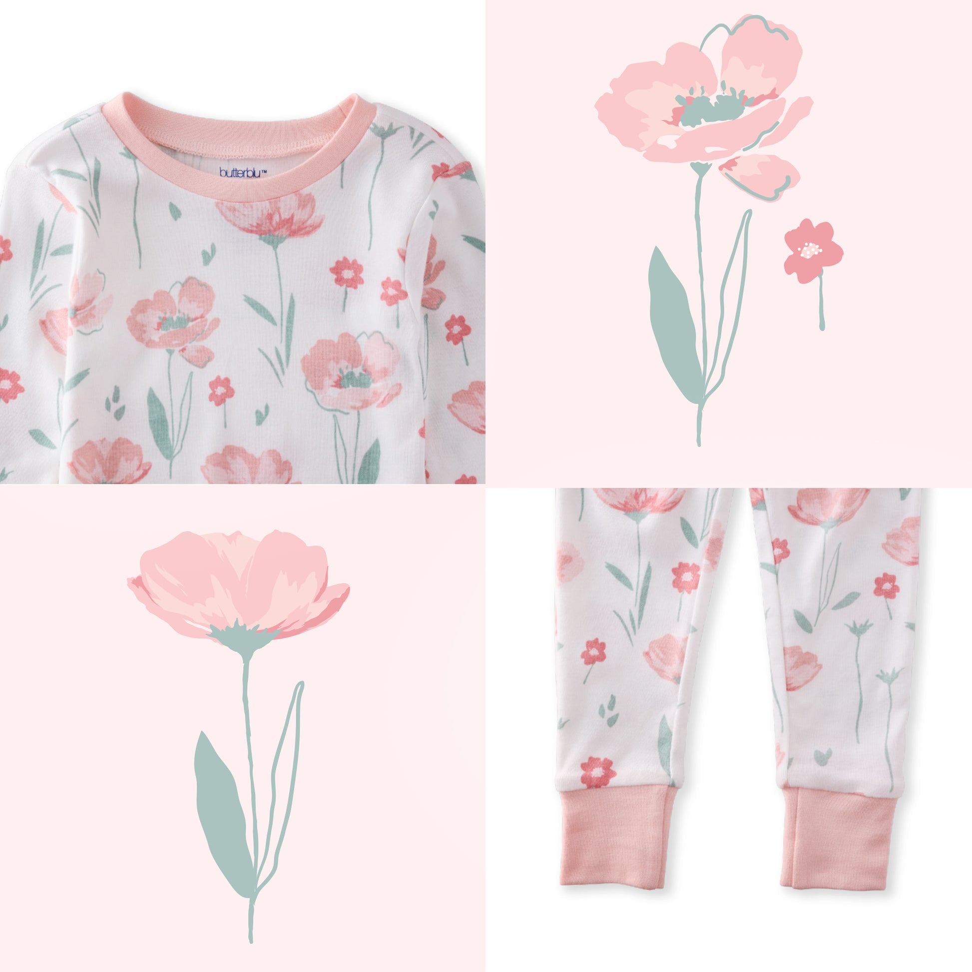Floral-patterned pajama set with pink flowers and green stems on a white background.