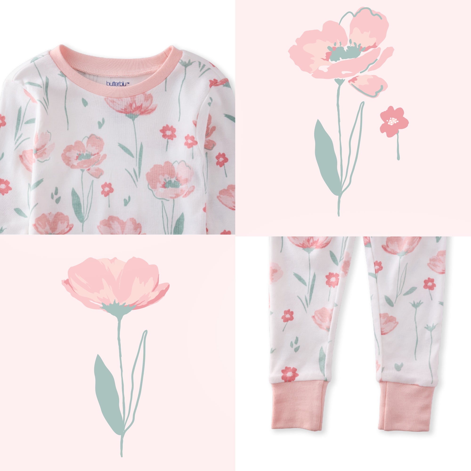 Floral-patterned pajama set with pink flowers and green stems on a white background.