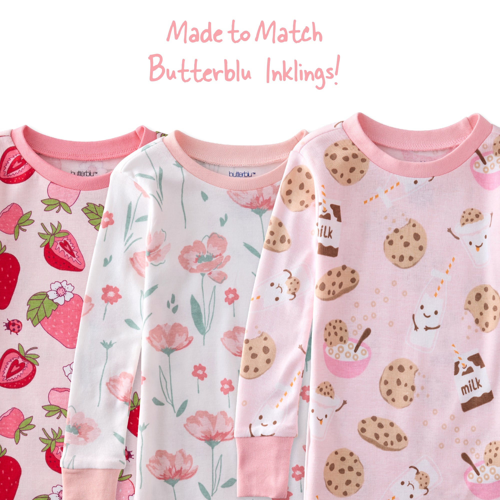 Three children's pajamas with different patterns on a white background.
