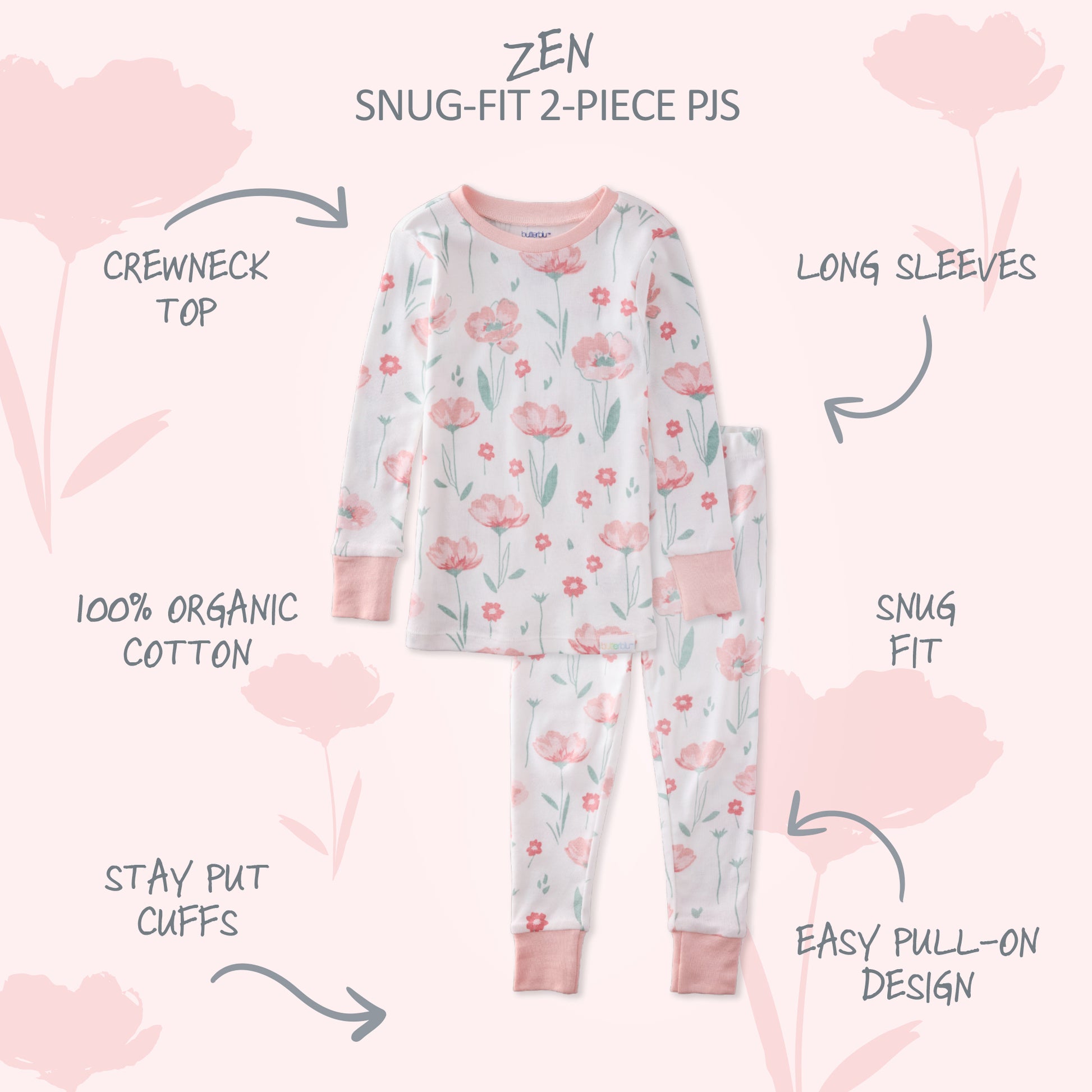 Floral pajama set with text highlighting features on a white background
