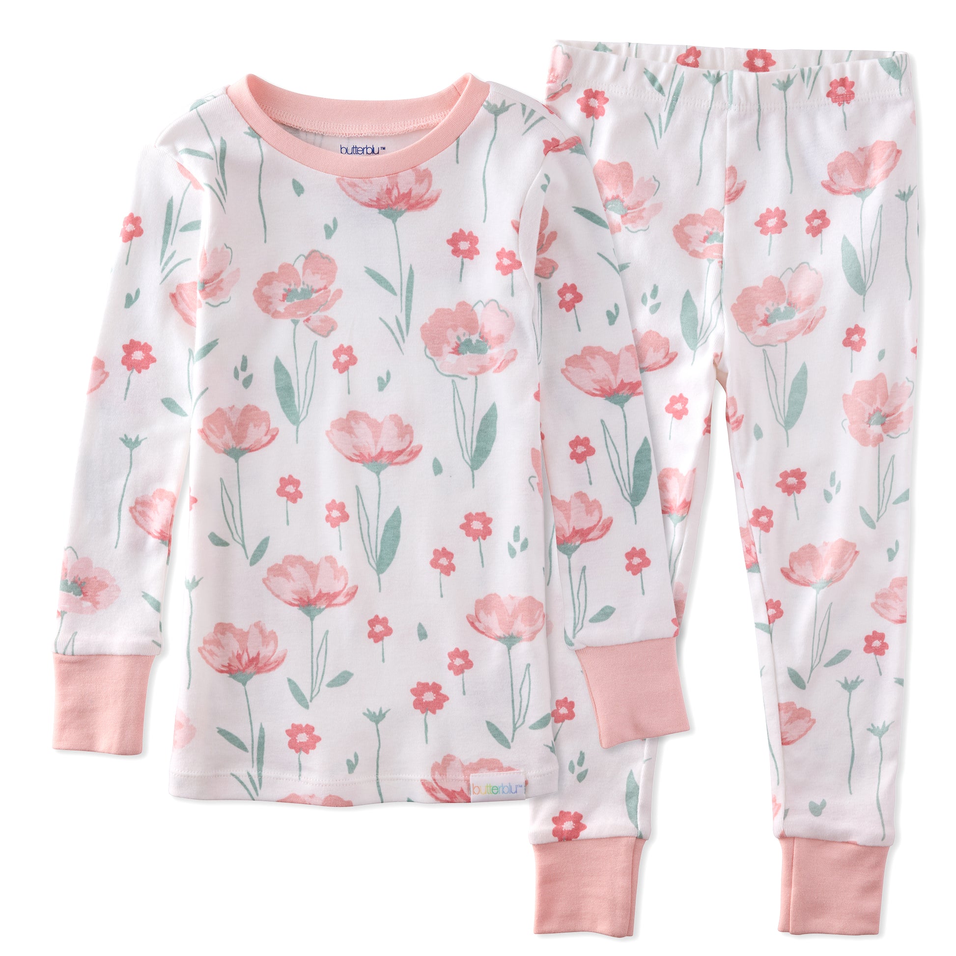 Floral pajama set with pink trim on a white background