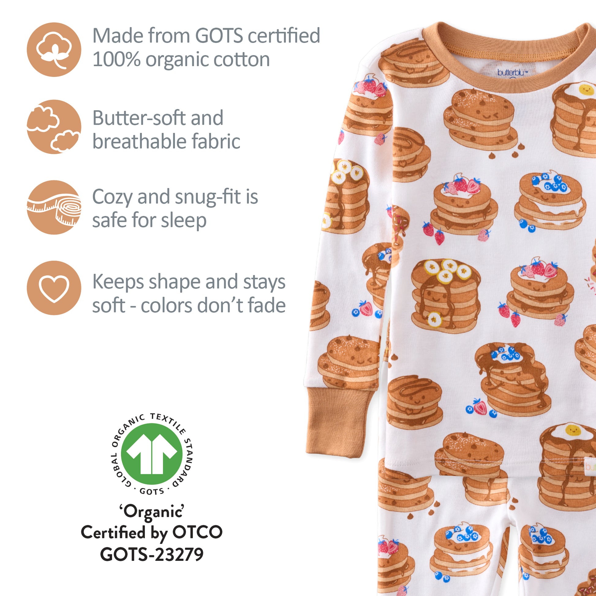 Children's pajama set with pancake pattern on a white background, featuring GOTS certification details.