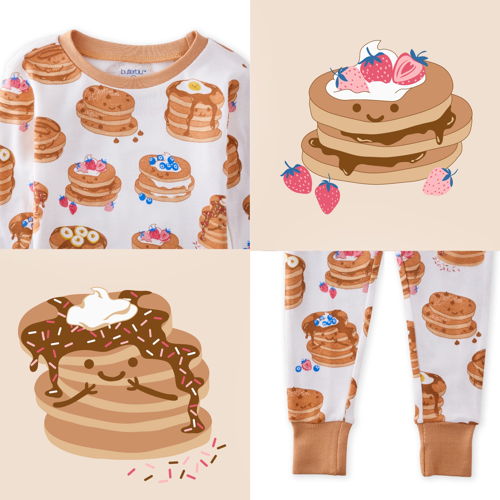 Children's pajama set with pancake design on a beige background