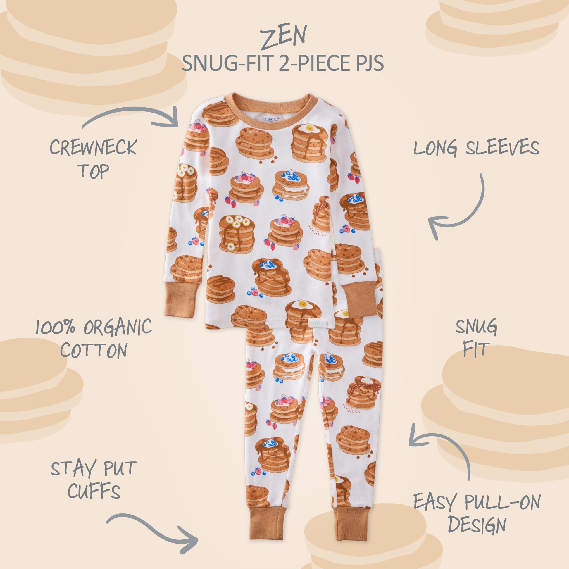 Children's pajama set with pancake design on a beige background