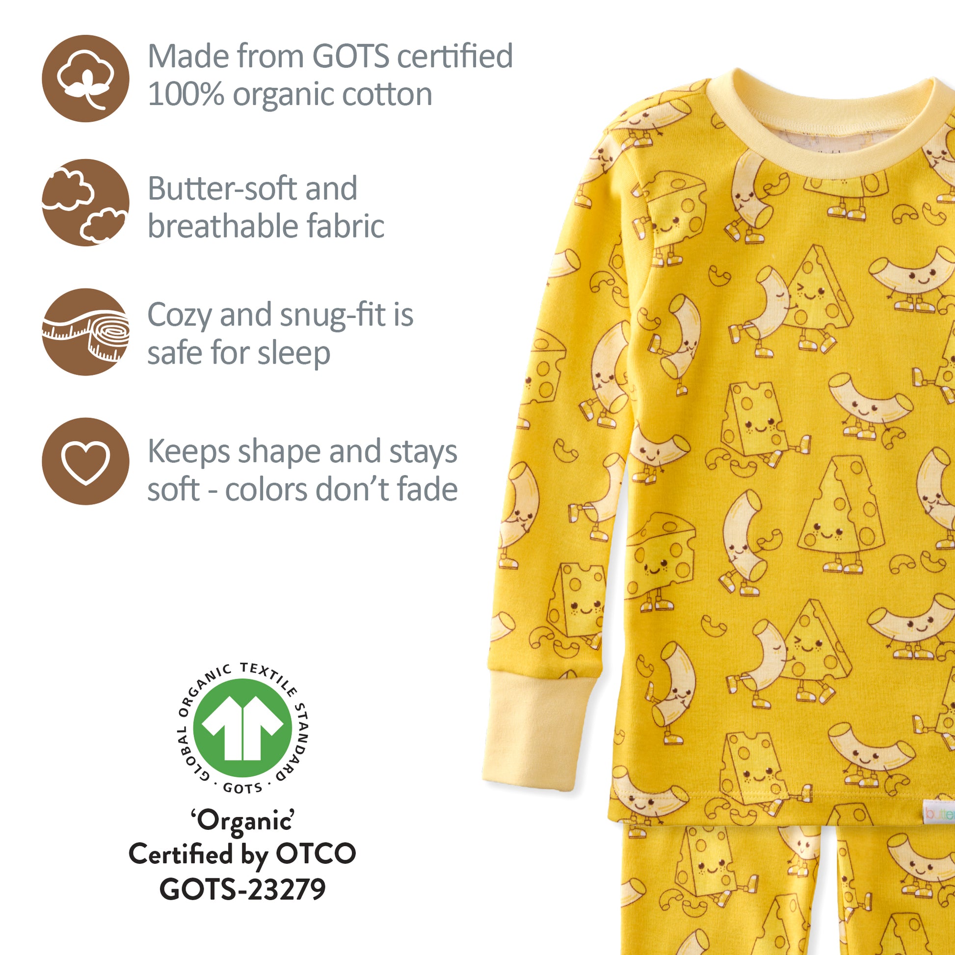 Yellow children's pajama set with cartoon designs on a white background, featuring GOTS certification.