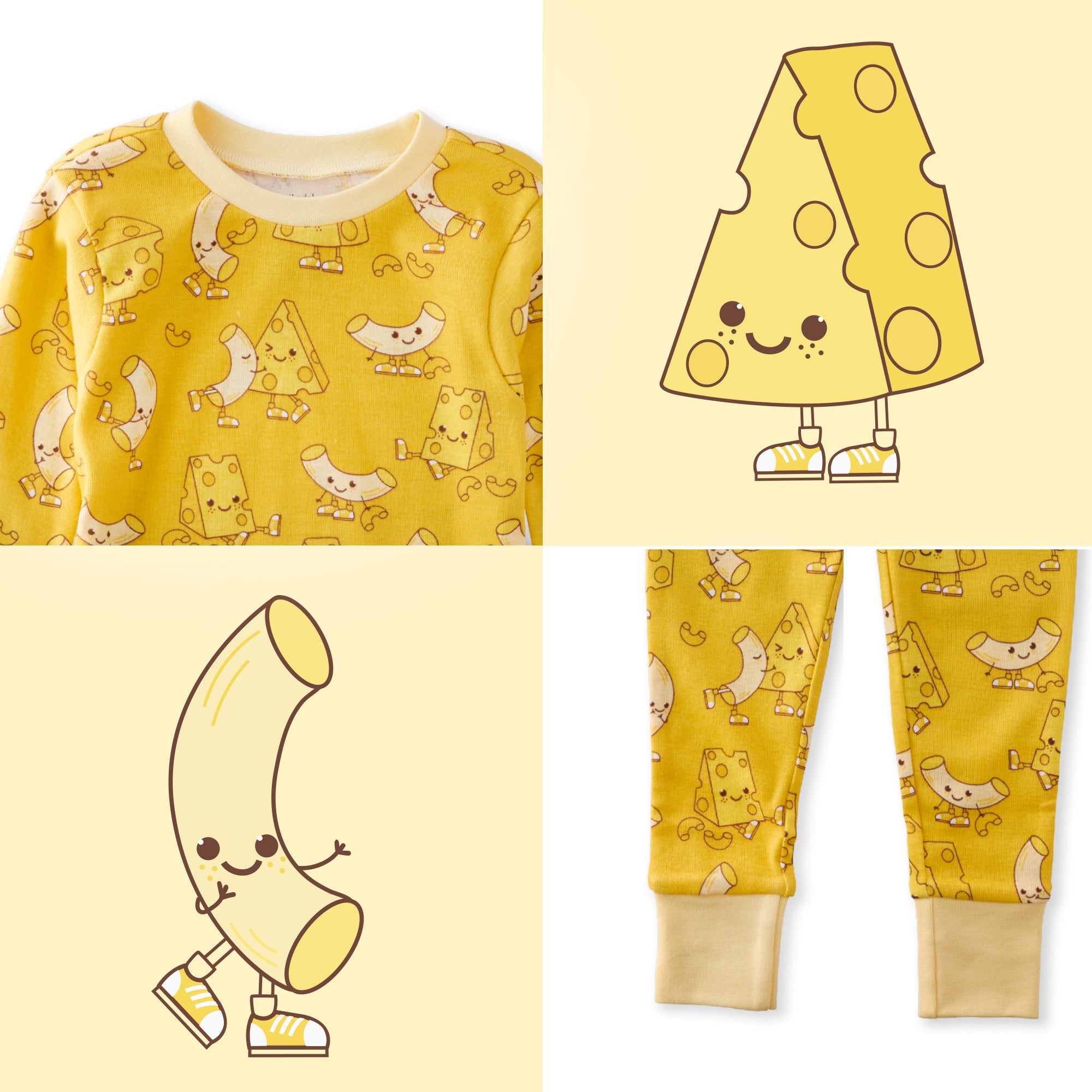 Children's pajama set with banana and cheese design on a yellow background