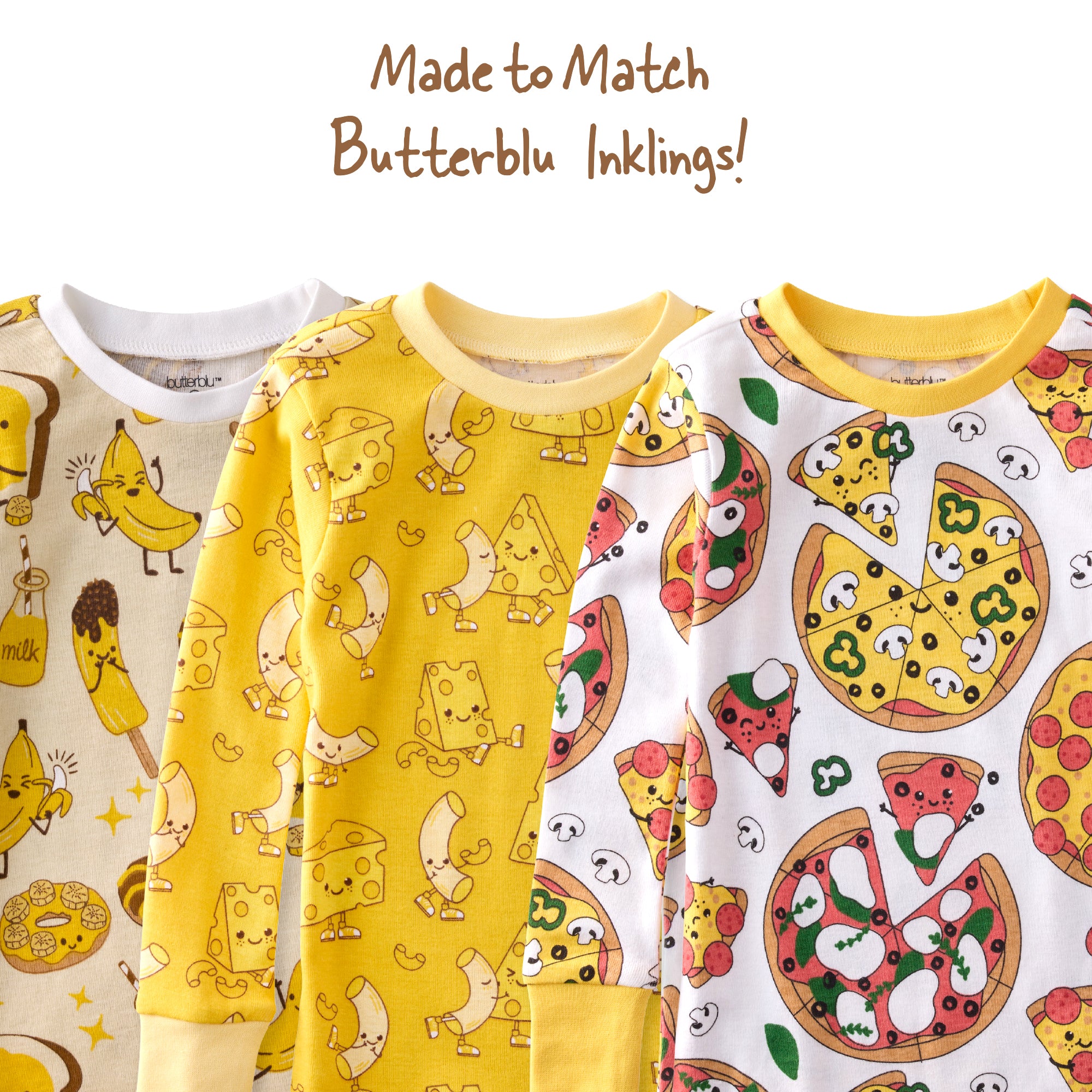 Three children's pajamas with different patterns on a white background.