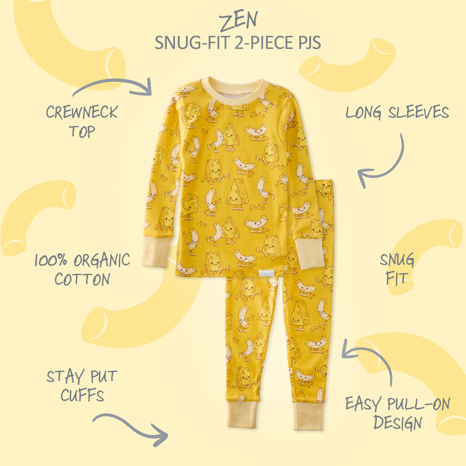 Yellow pajama set with cartoon design on a yellow background, featuring text describing features.