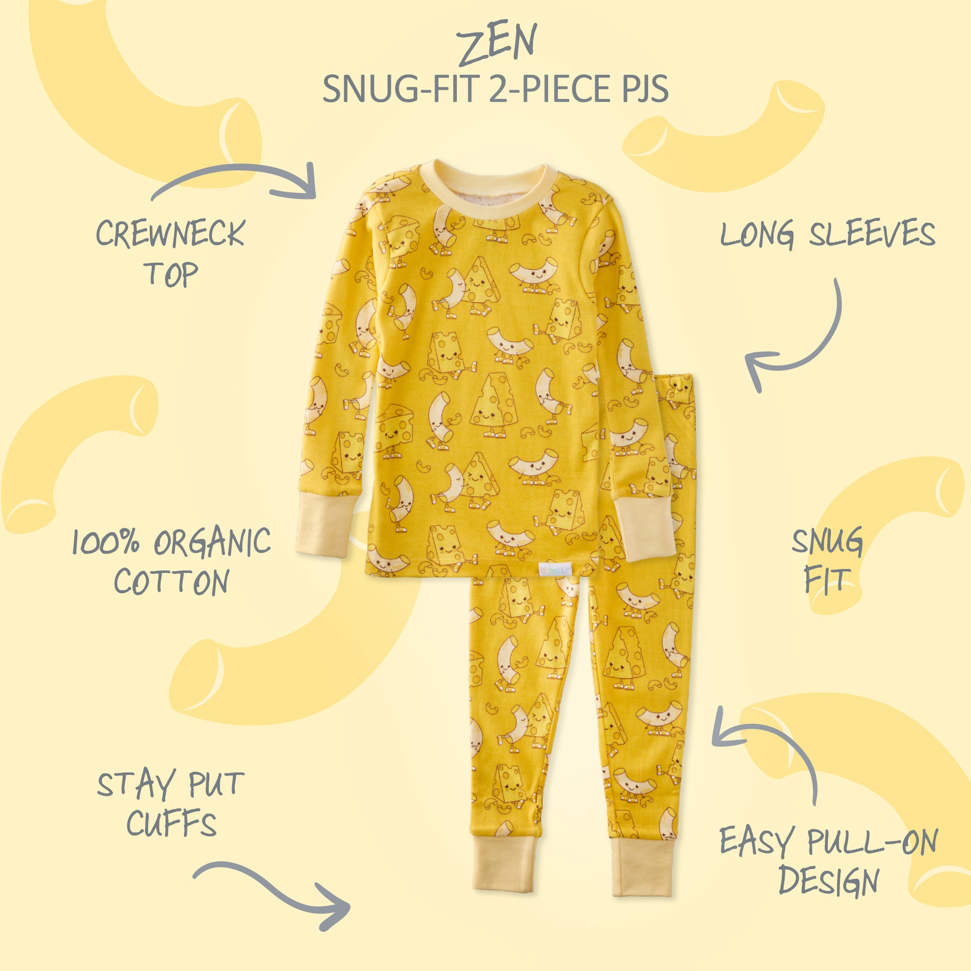 Yellow pajama set with cartoon design on a yellow background, featuring text describing features.