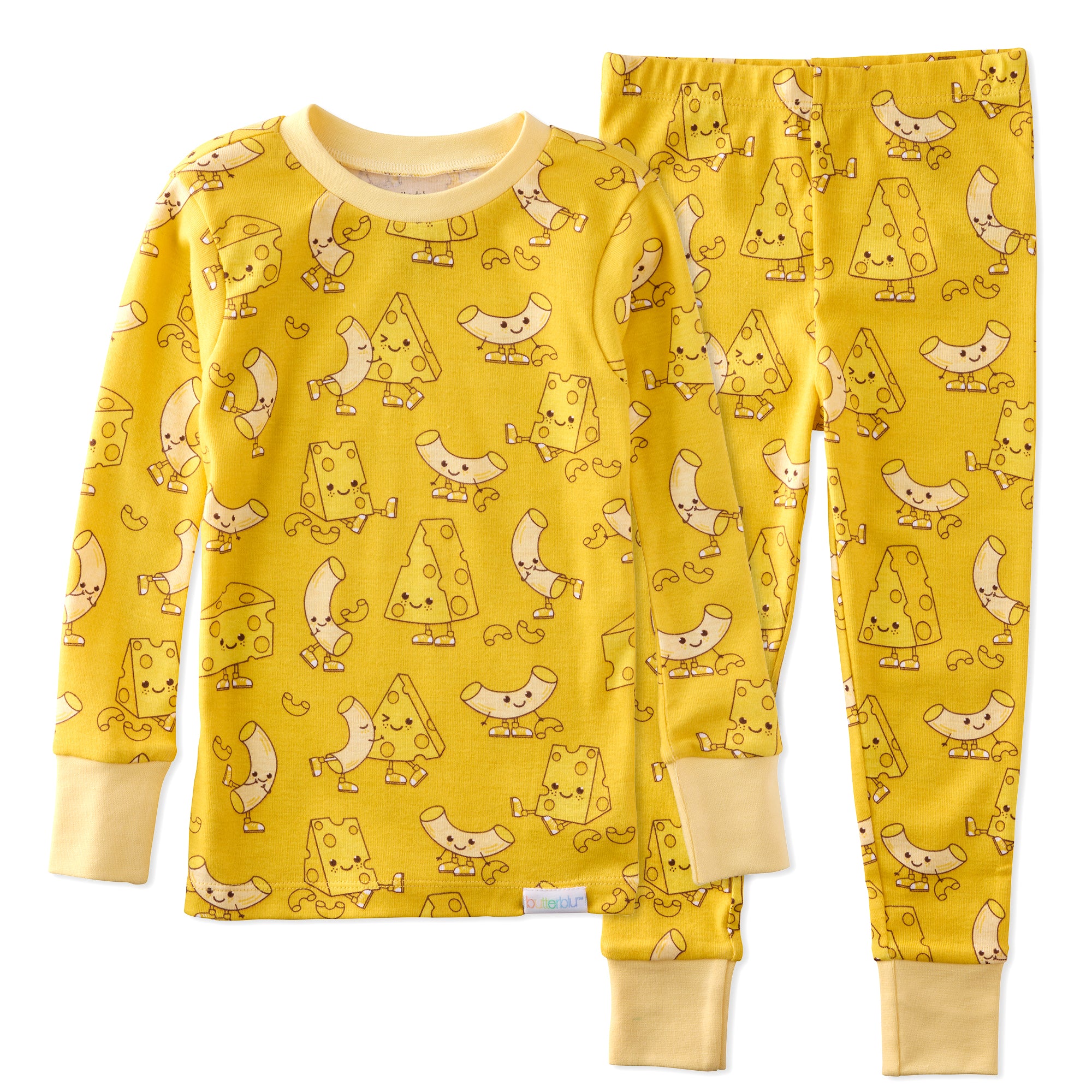 Yellow pajama set with cartoon cheese and banana pattern on a white background