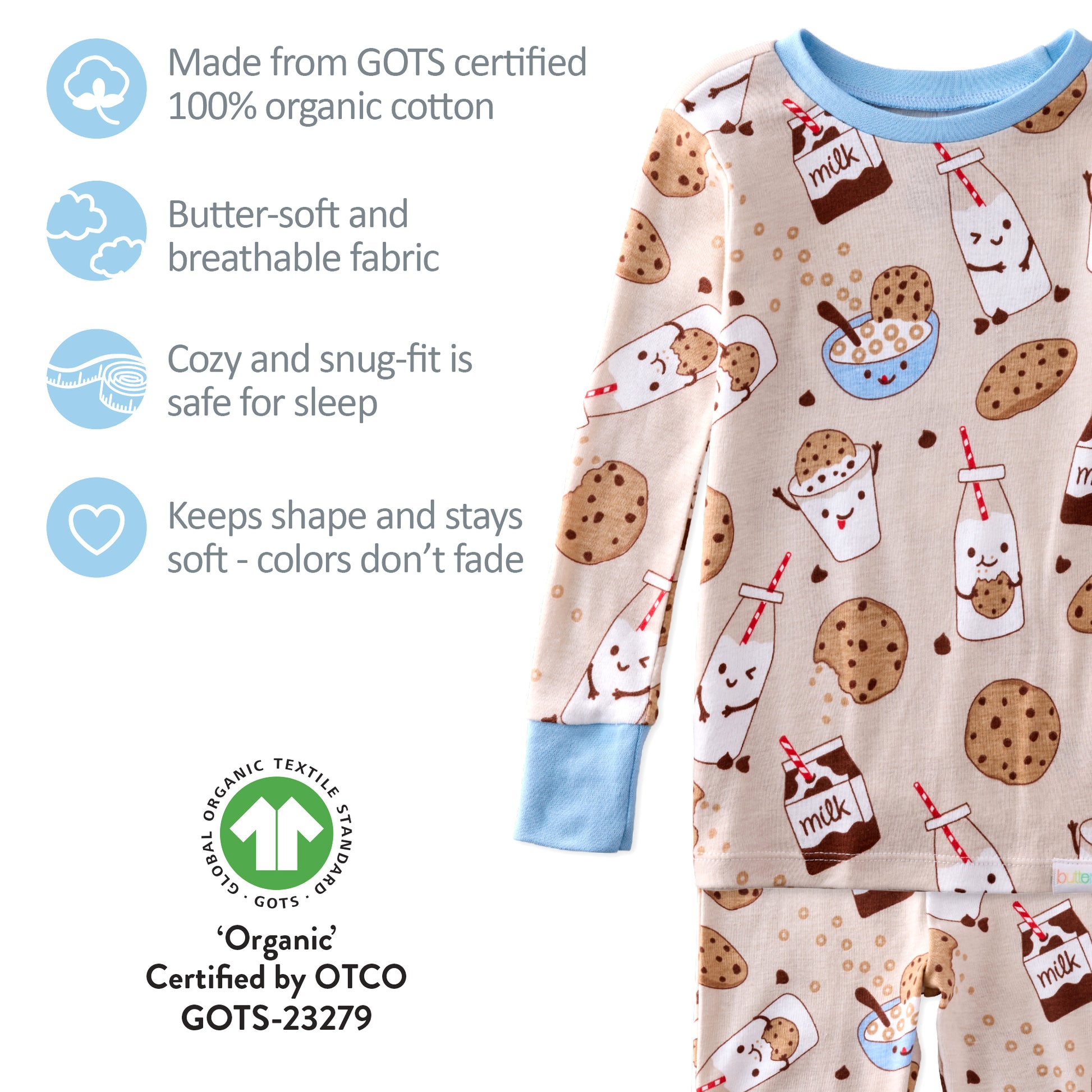 Children's pajama set with milk and cookie pattern on a white background, featuring GOTS certification.