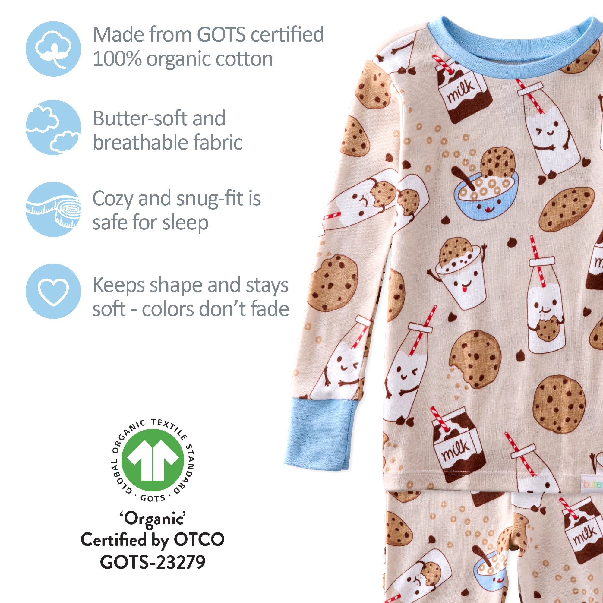 Children's pajama set with milk and cookie pattern on a white background, featuring GOTS certification.