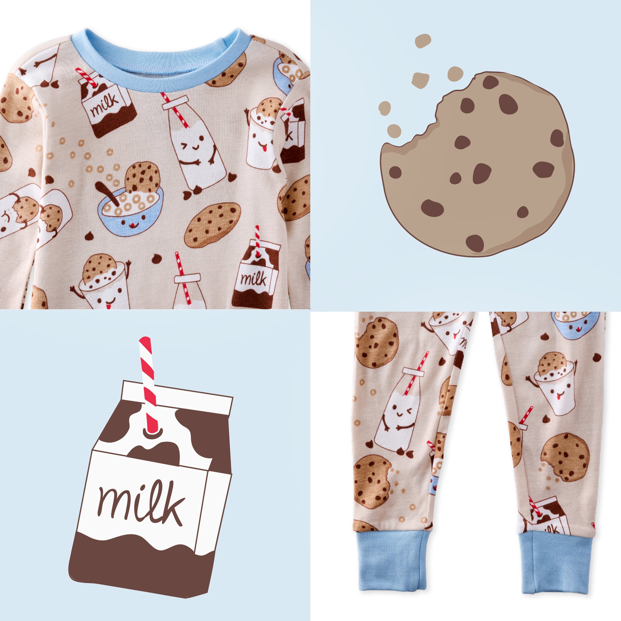 Children's pajama set with milk and cookie design on a light blue background
