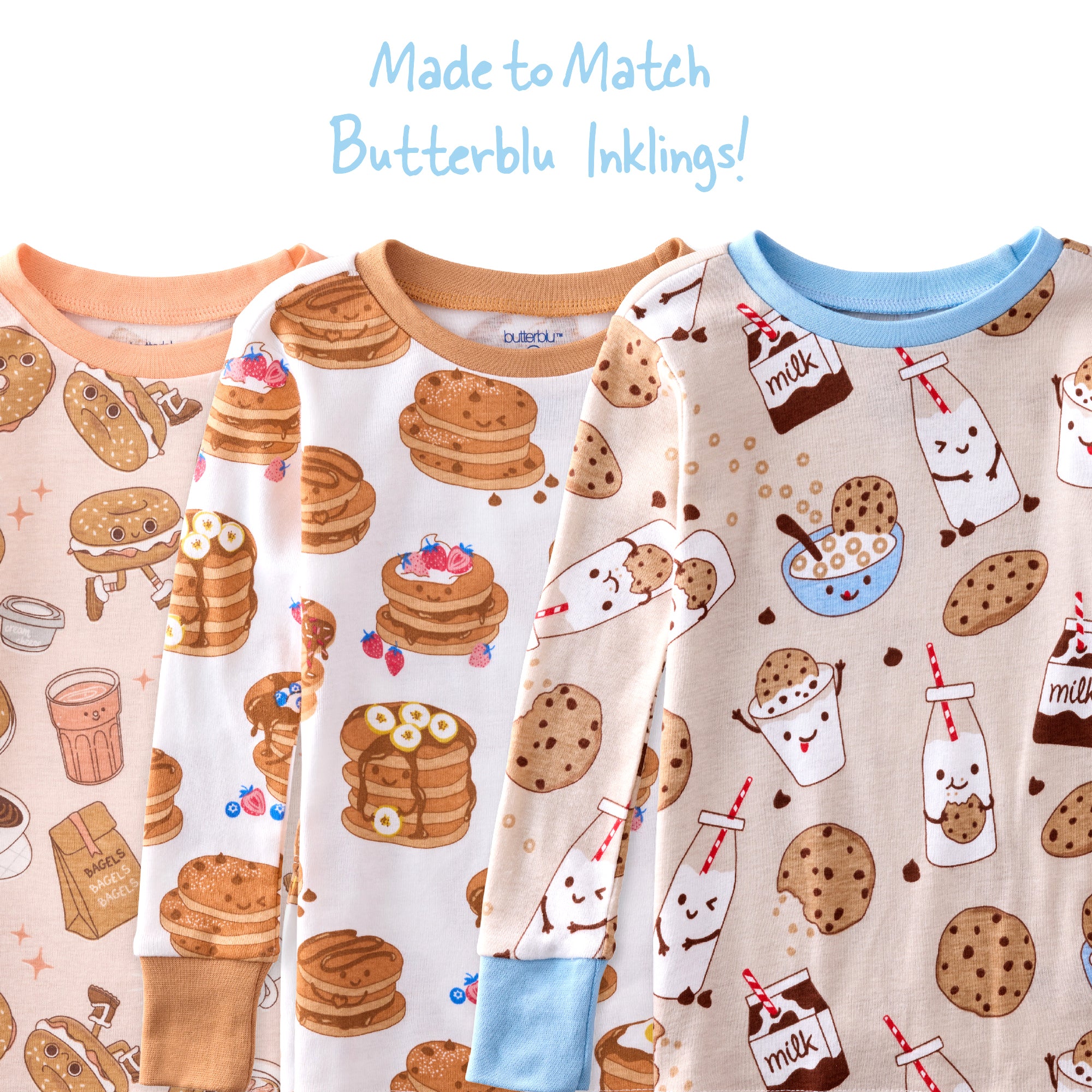 Three children's pajama sets with breakfast-themed patterns on a white background.