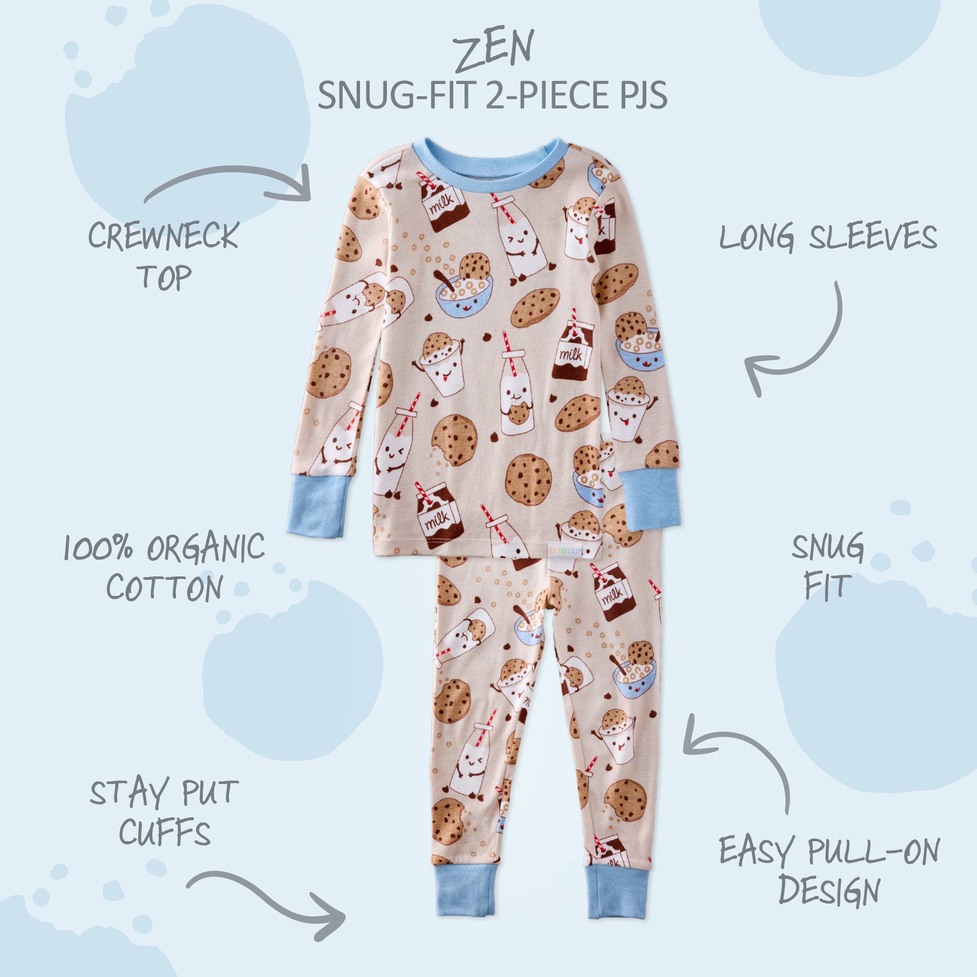 Children's pajama set with animal and cookie pattern on a light blue background