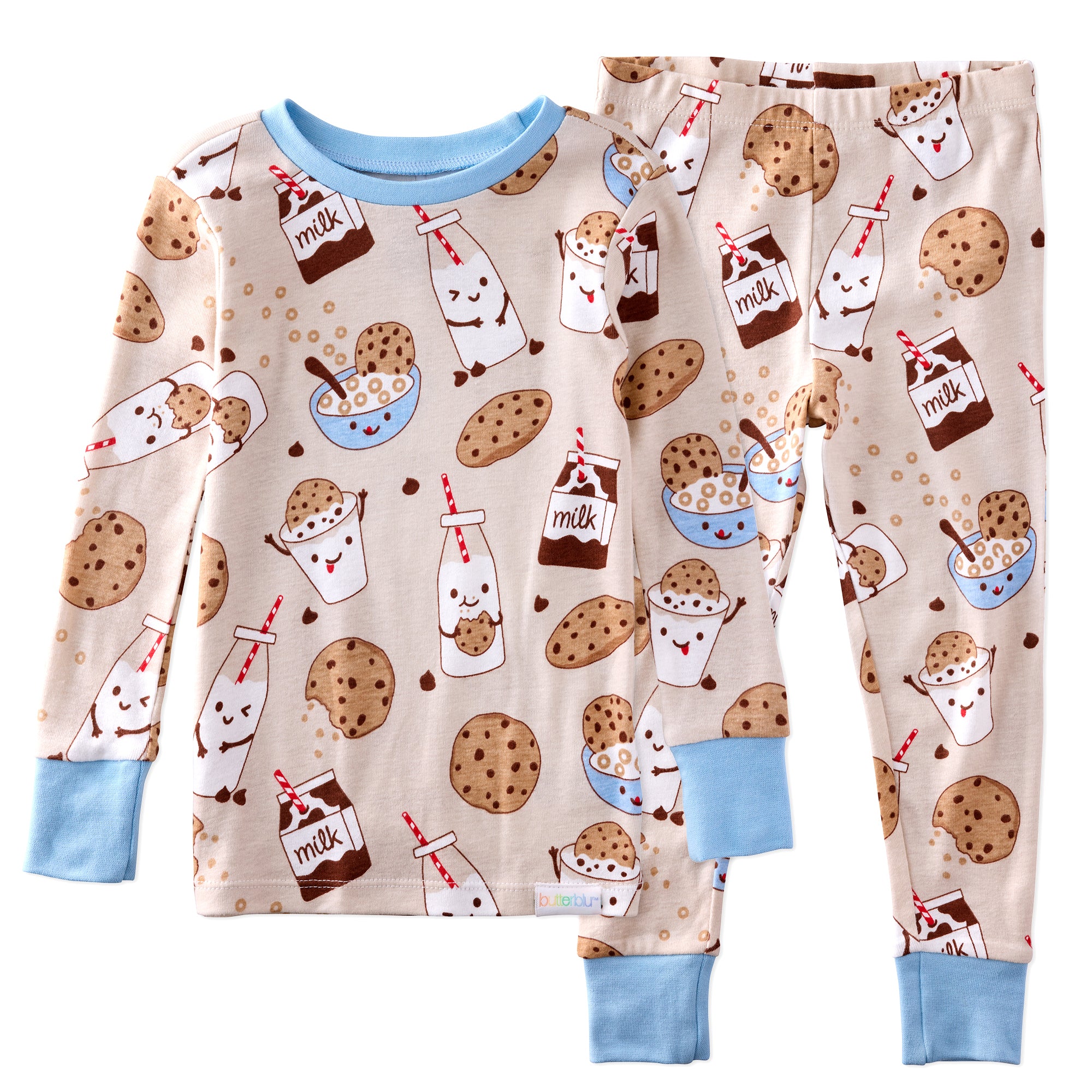 Children's pajama set with milk and cookie pattern on a beige background