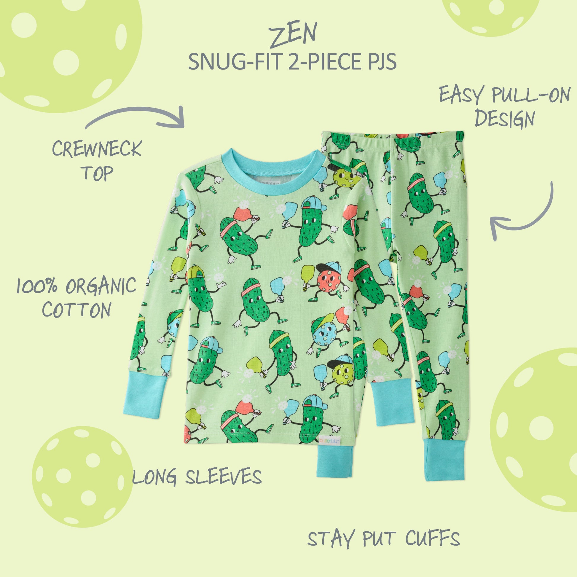 2-piece pajamas with product descriptions surrounding it and ZEN title at the top
