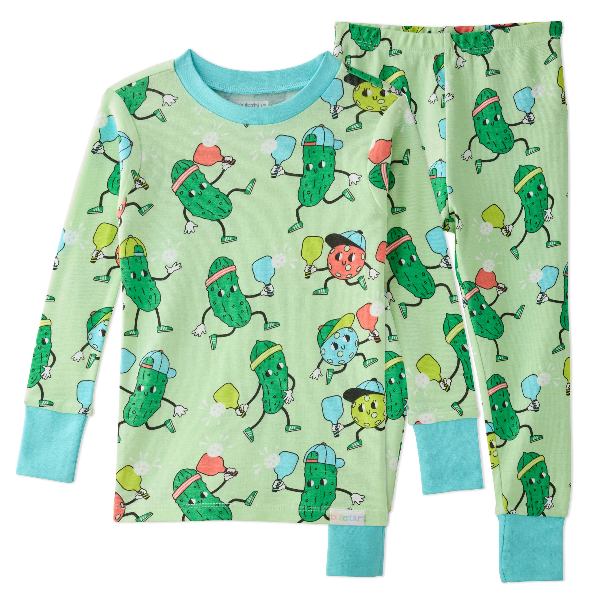 Green baby and toddler 2-piece pajamas with pickle's playing pickleball on a white background
